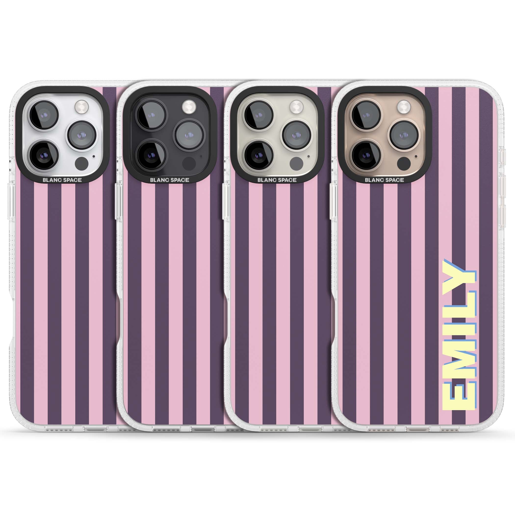 Tyre Stripe personalised stripe iPhone case with plum and pink vertical stripes and custom yellow name | Clear Case Impact Air case for iPhone 16 Pro, iPhone 16 Pro Max