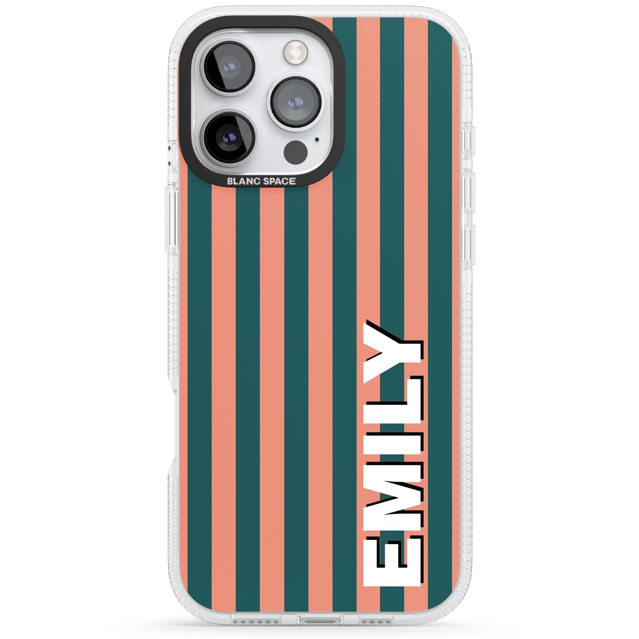Tuscan Stripe personalised iPhone case featuring coral and green vertical stripes with bold custom name | Clear Case Impact Air case for iPhone 16 Pro, iPhone 16 Pro Max