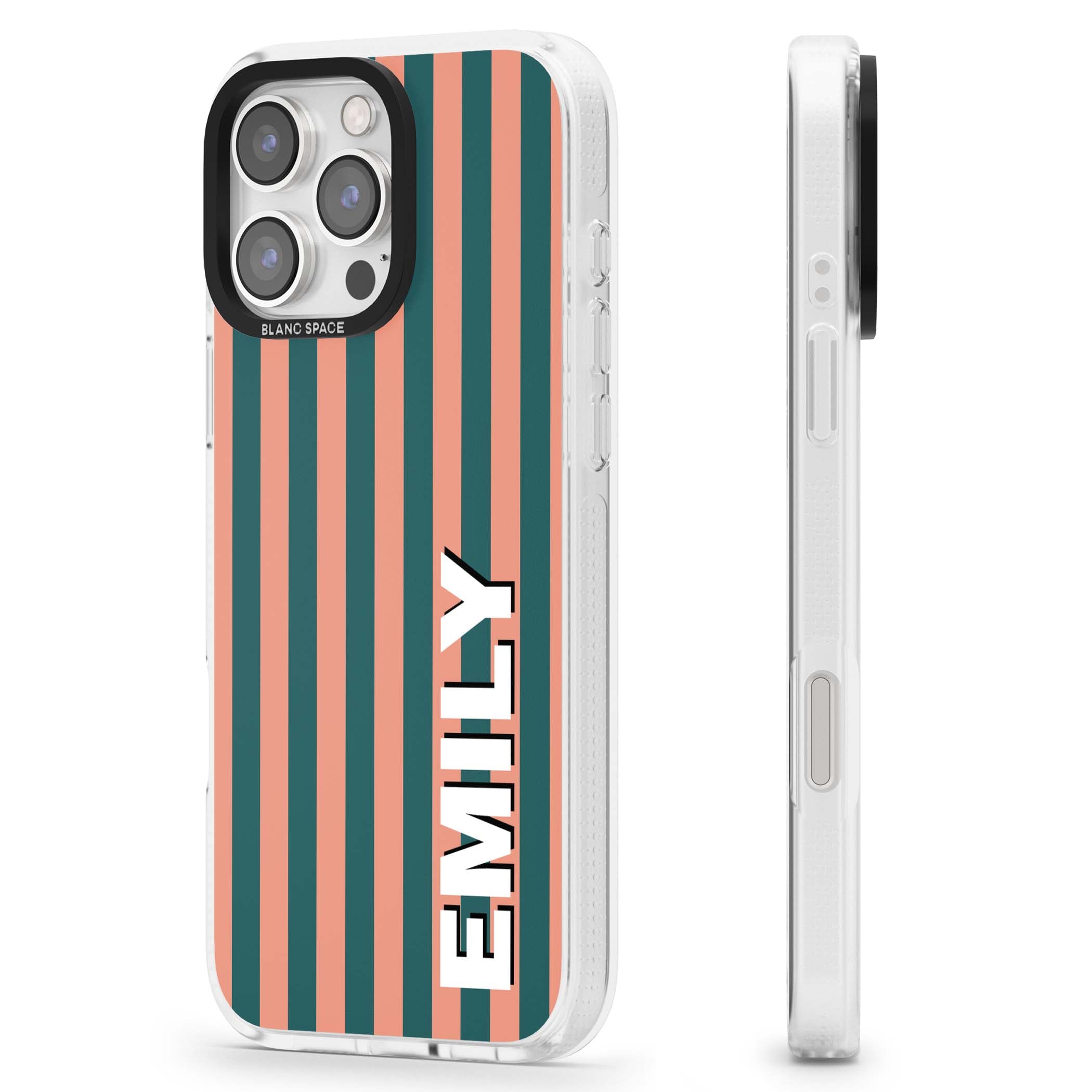 Tuscan Stripe personalised iPhone case featuring coral and green vertical stripes with bold custom name | Clear Case Impact Air case for iPhone 16 Pro, iPhone 16 Pro Max