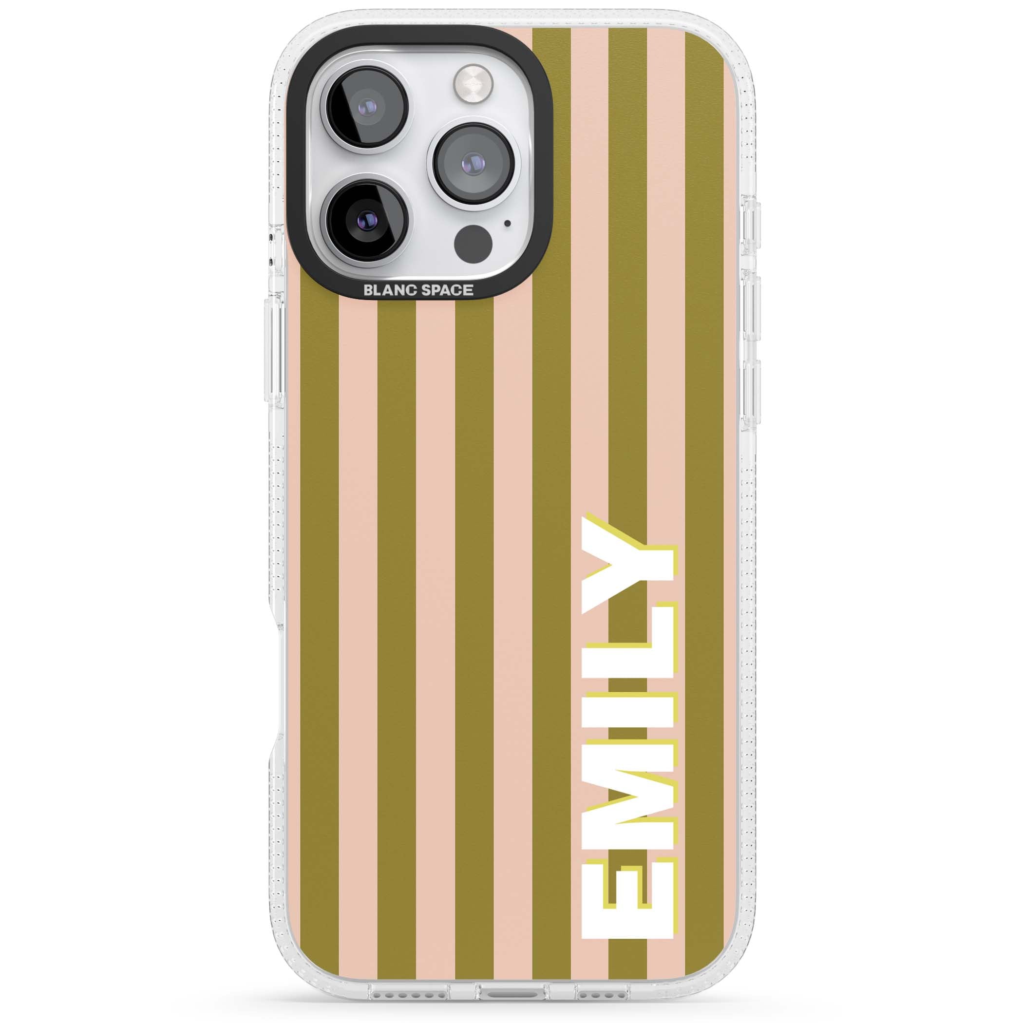 Indian Stripe personalised iPhone case featuring olive green and blush pink vertical stripes with custom name in whit | Clear Case Impact Air case for iPhone 16 Pro, iPhone 16 Pro Max