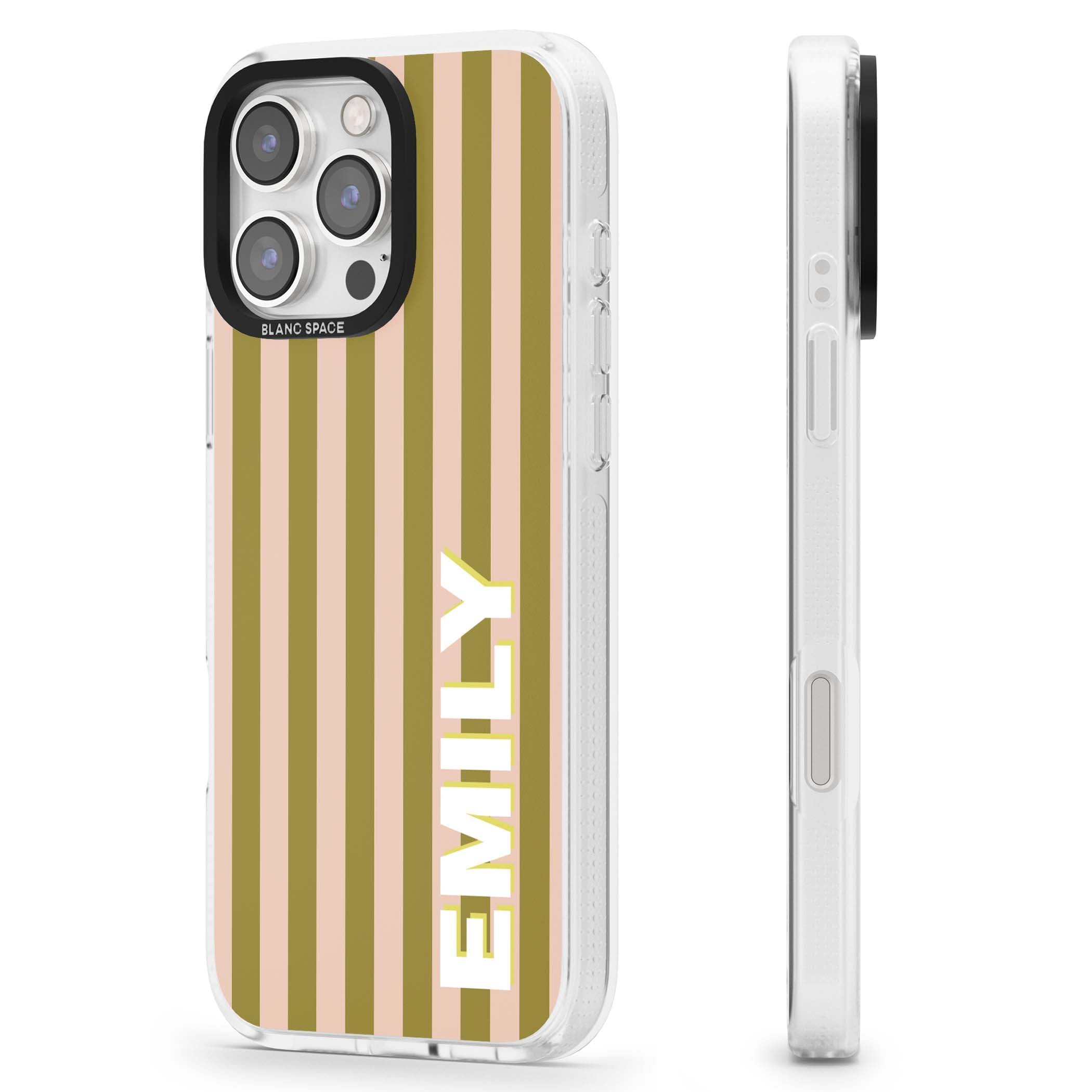 Indian Stripe personalised iPhone case featuring olive green and blush pink vertical stripes with custom name in whit | Clear Case Impact Air case for iPhone 16 Pro, iPhone 16 Pro Max