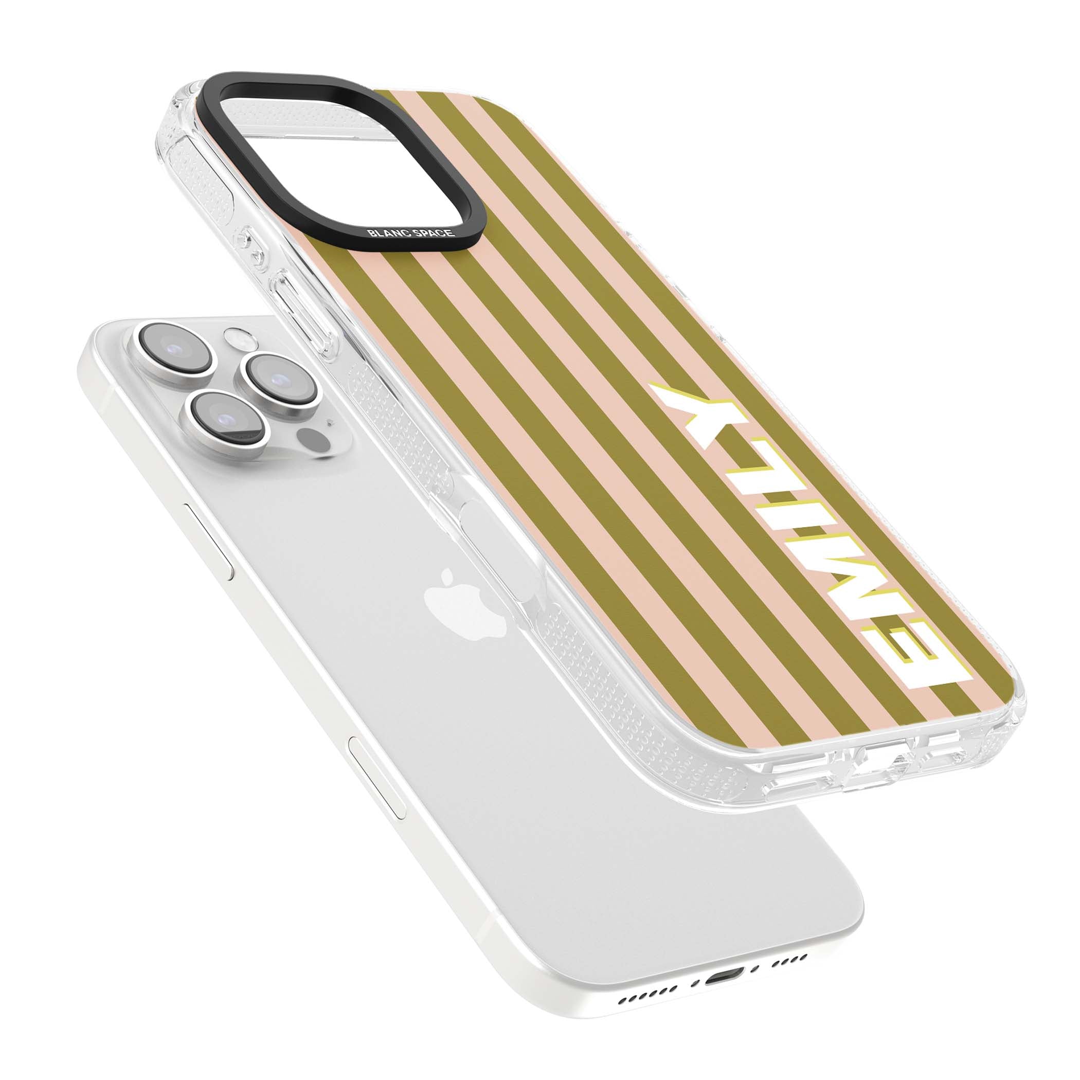 Indian Stripe personalised iPhone case featuring olive green and blush pink vertical stripes with custom name in whit | Clear Case Impact Air case for iPhone 16 Pro, iPhone 16 Pro Max