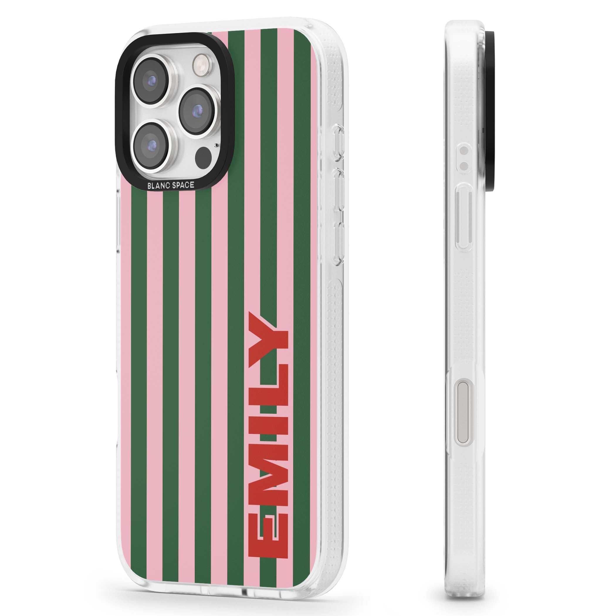 Italian Stripe preppy iPhone case featuring pink and green vertical stripes with personalised red name | Clear Case Impact Air case for iPhone 16 Pro, iPhone 16 Pro Max