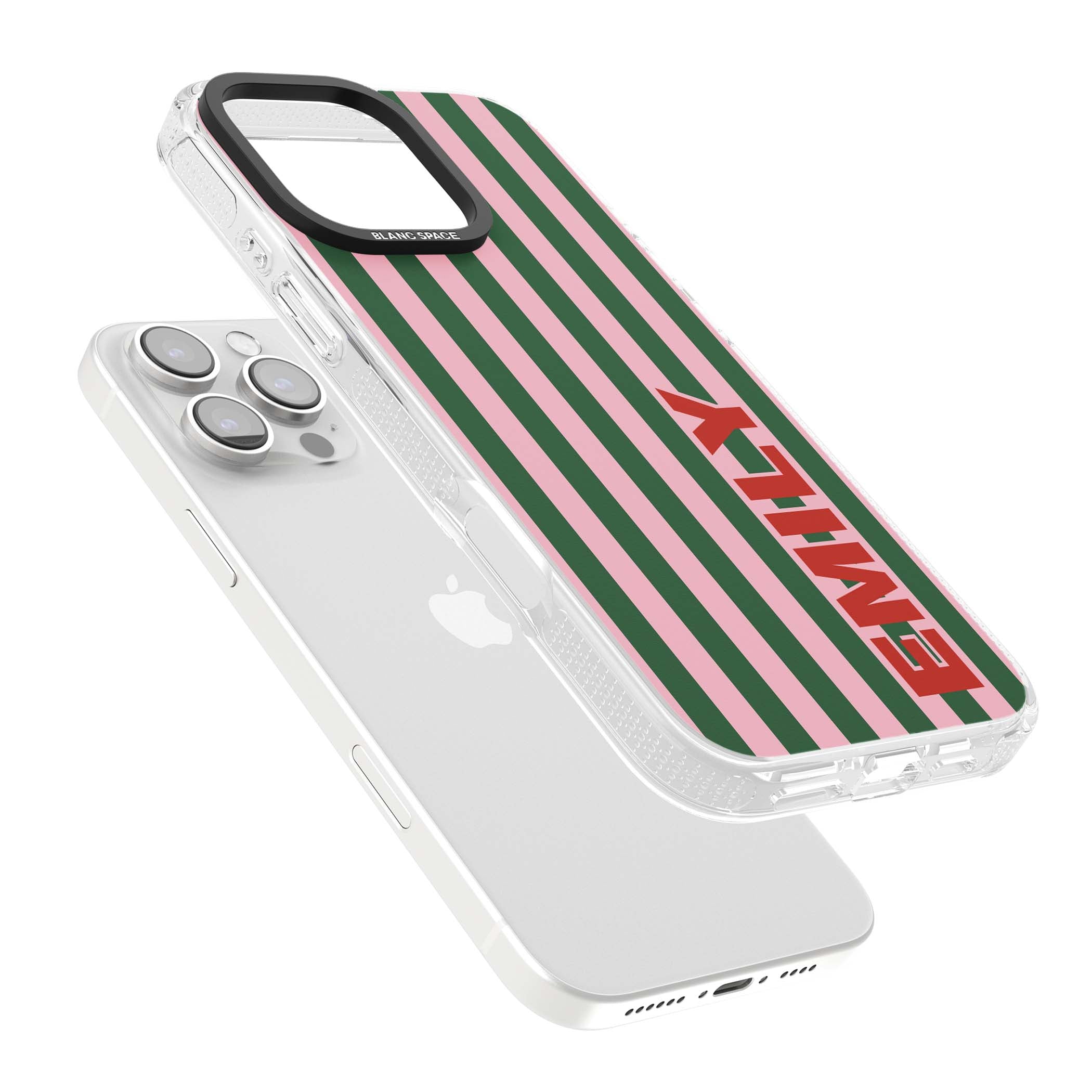 Italian Stripe preppy iPhone case featuring pink and green vertical stripes with personalised red name | Clear Case Impact Air case for iPhone 16 Pro, iPhone 16 Pro Max