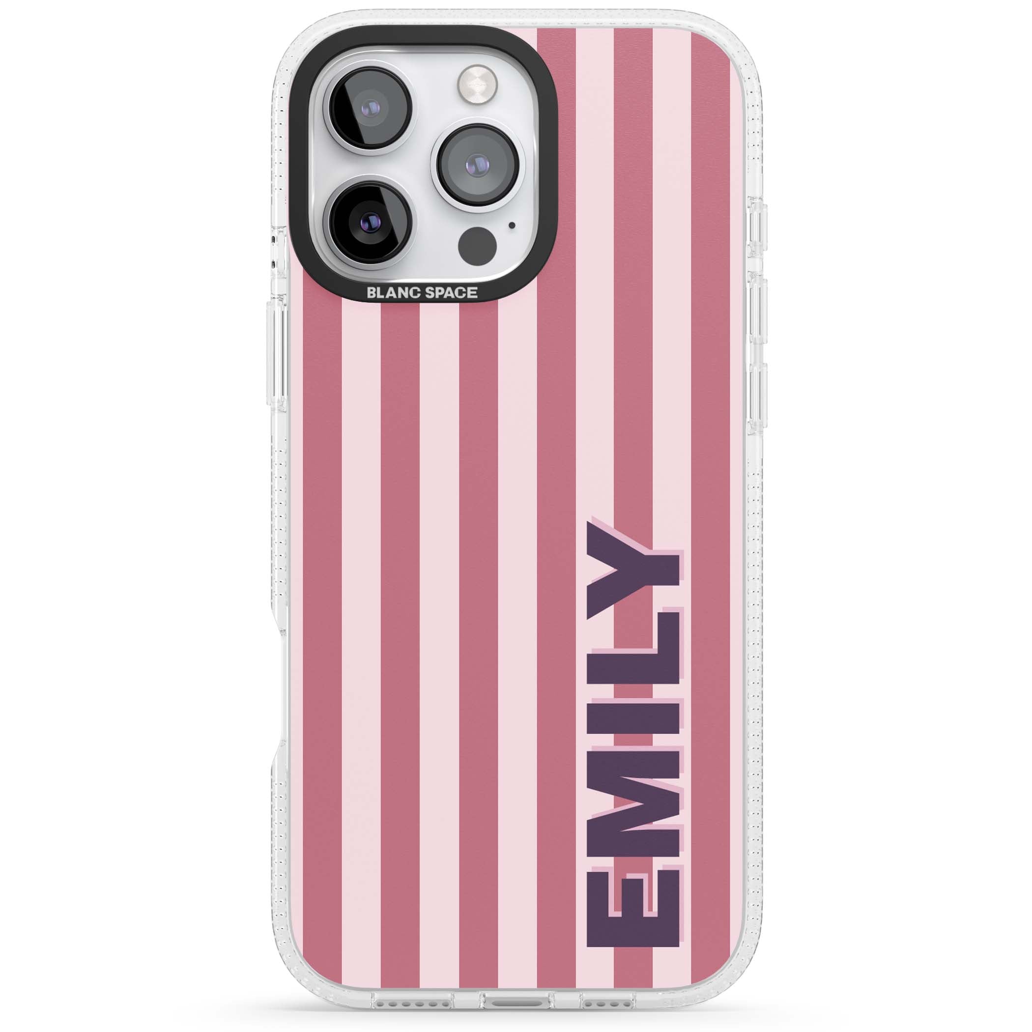 Victoria Stripe personalised iPhone case featuring pink vertical stripes and custom name in bold plum lettering | Clear Case Impact Air case for iPhone 16 Pro, iPhone 16 Pro Max