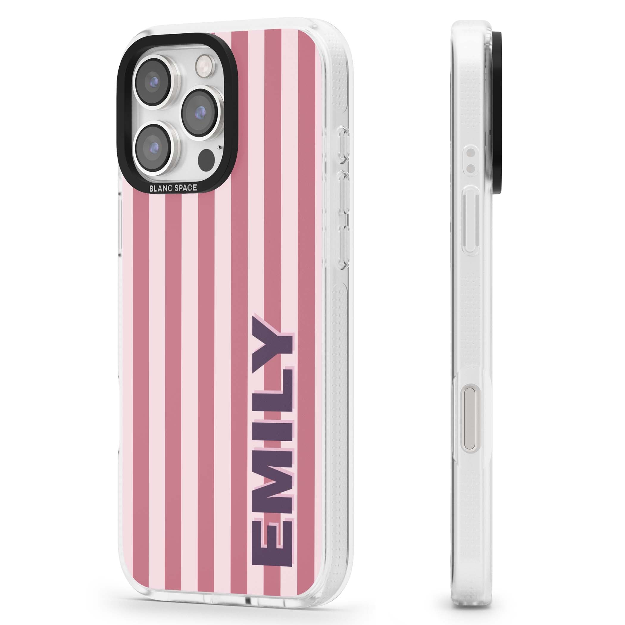 Victoria Stripe personalised iPhone case featuring pink vertical stripes and custom name in bold plum lettering | Clear Case Impact Air case for iPhone 16 Pro, iPhone 16 Pro Max