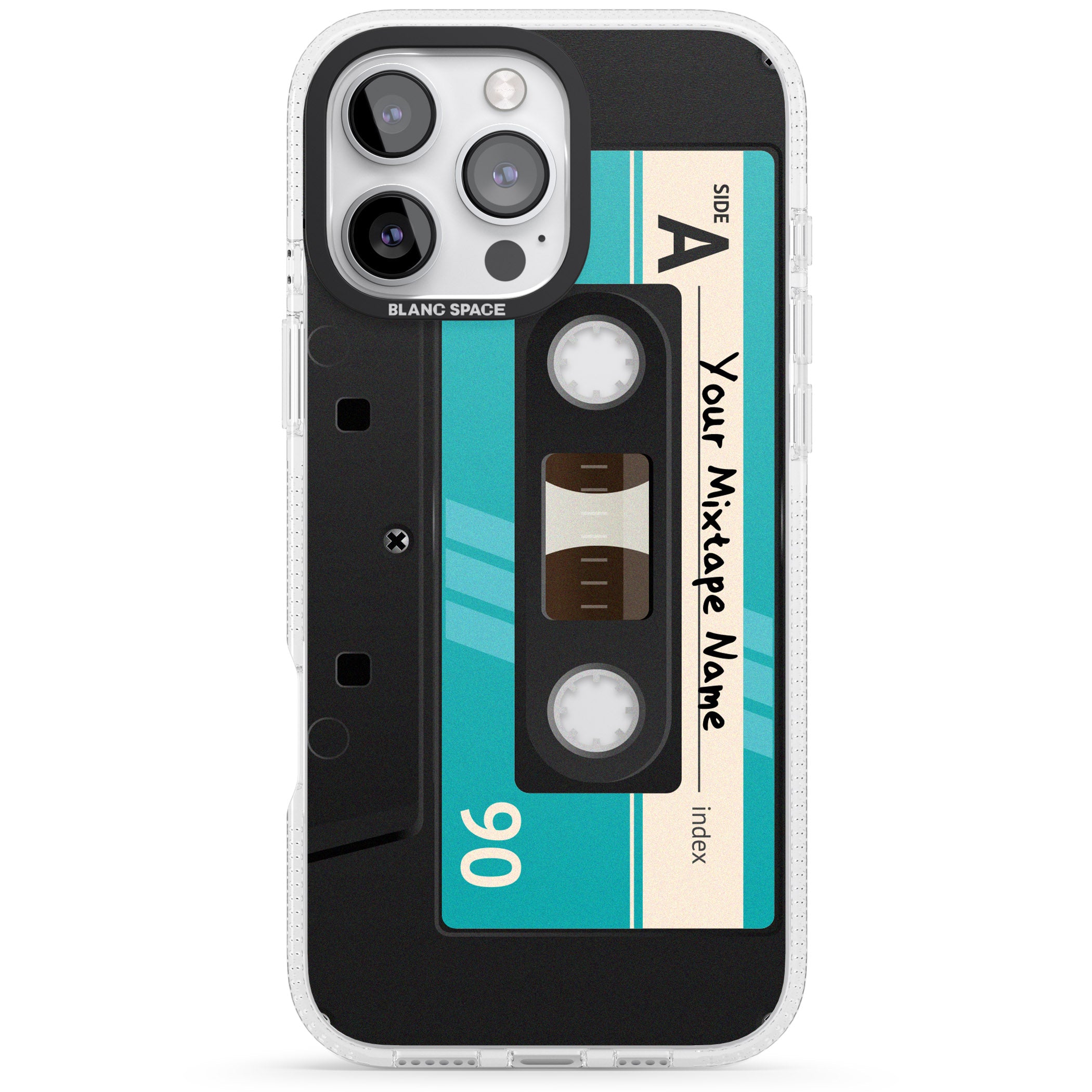 Personalised Dark Cassette iPhone 16 Pro Max / 16 Pro Clear Case Impact Air - Blanc Space