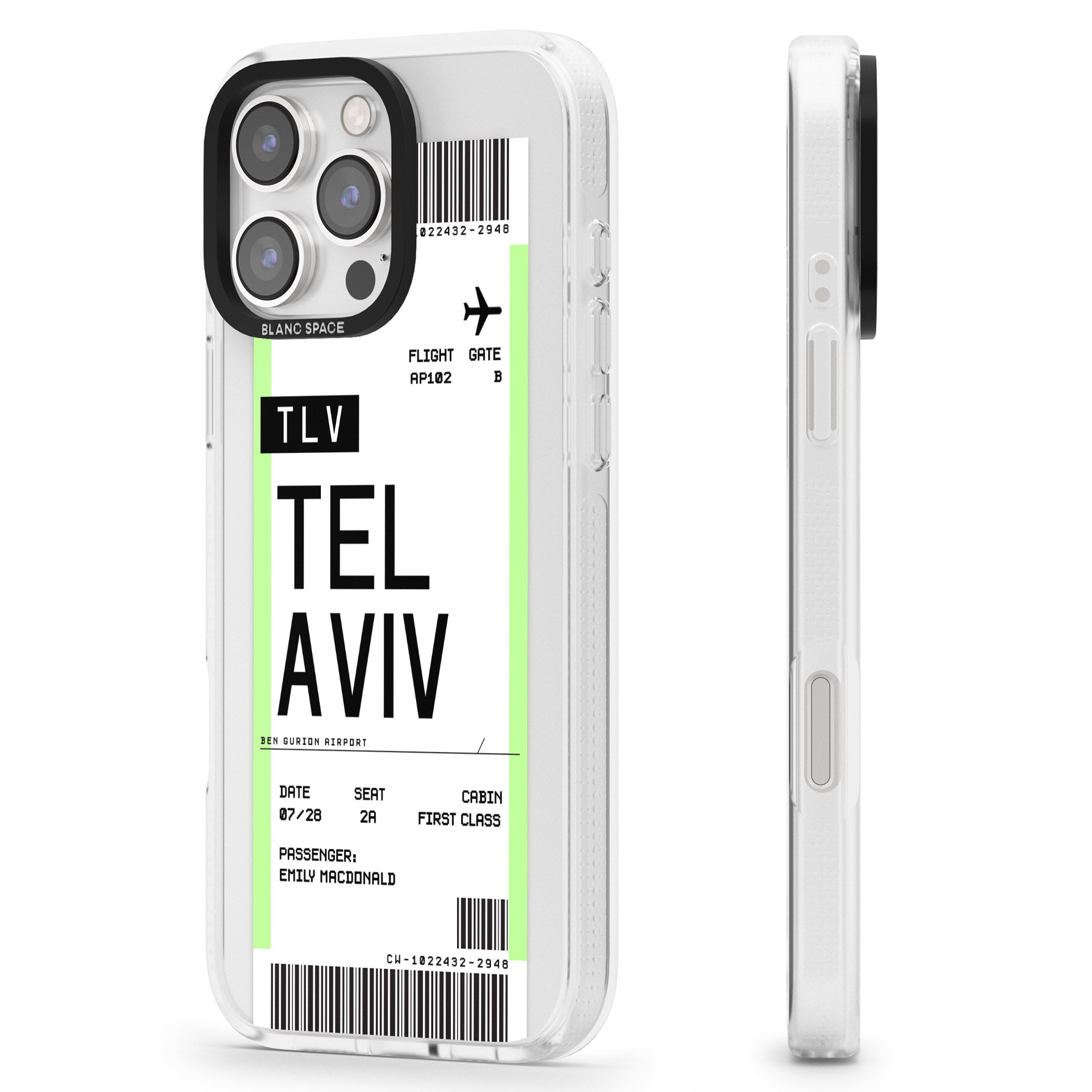 Personalised Tel Aviv Boarding Pass iPhone 16 Pro Max / 16 Pro Clear Case Impact Air - Blanc Space