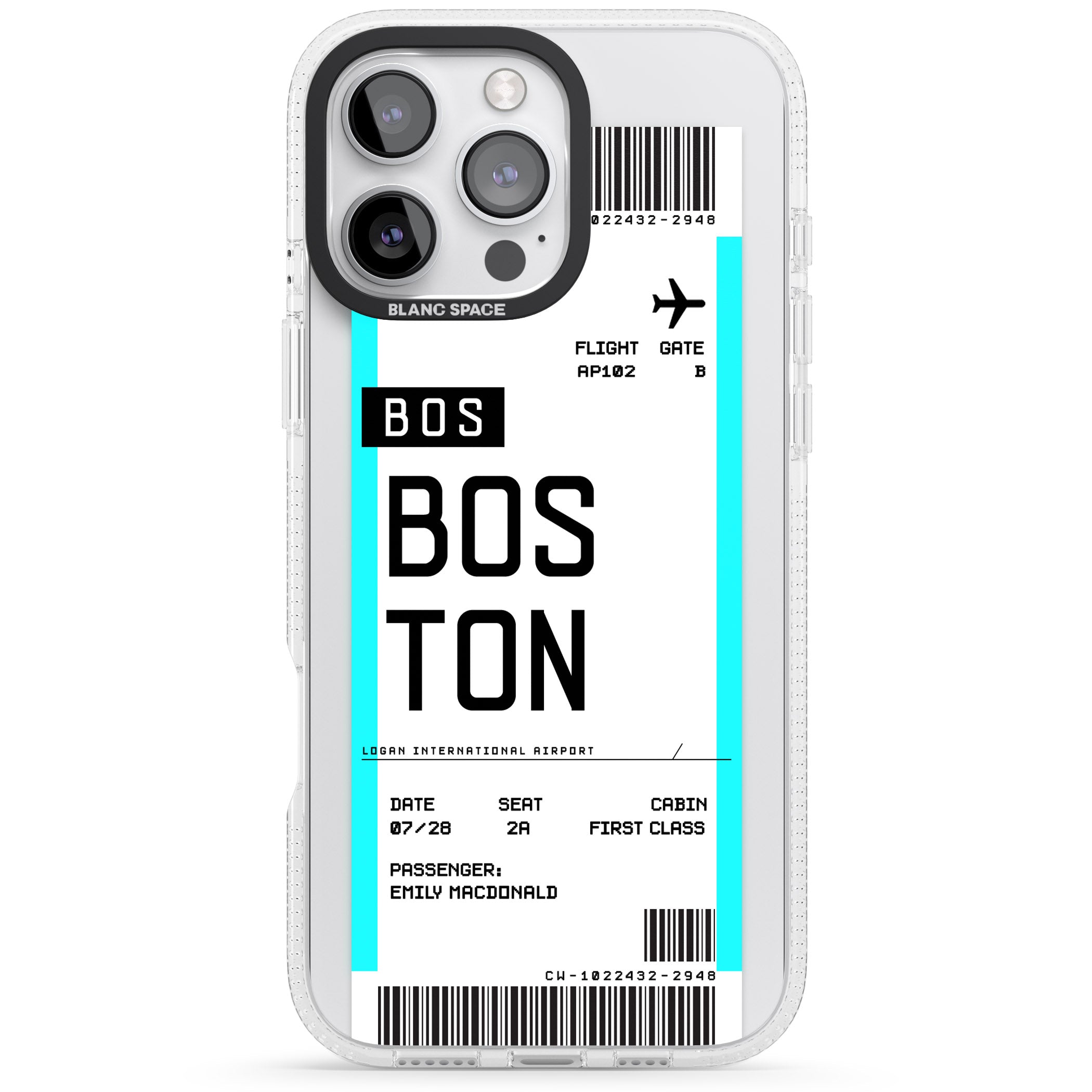 Personalised Boston Boarding Pass iPhone 16 Pro Max / 16 Pro Clear Case Impact Air - Blanc Space