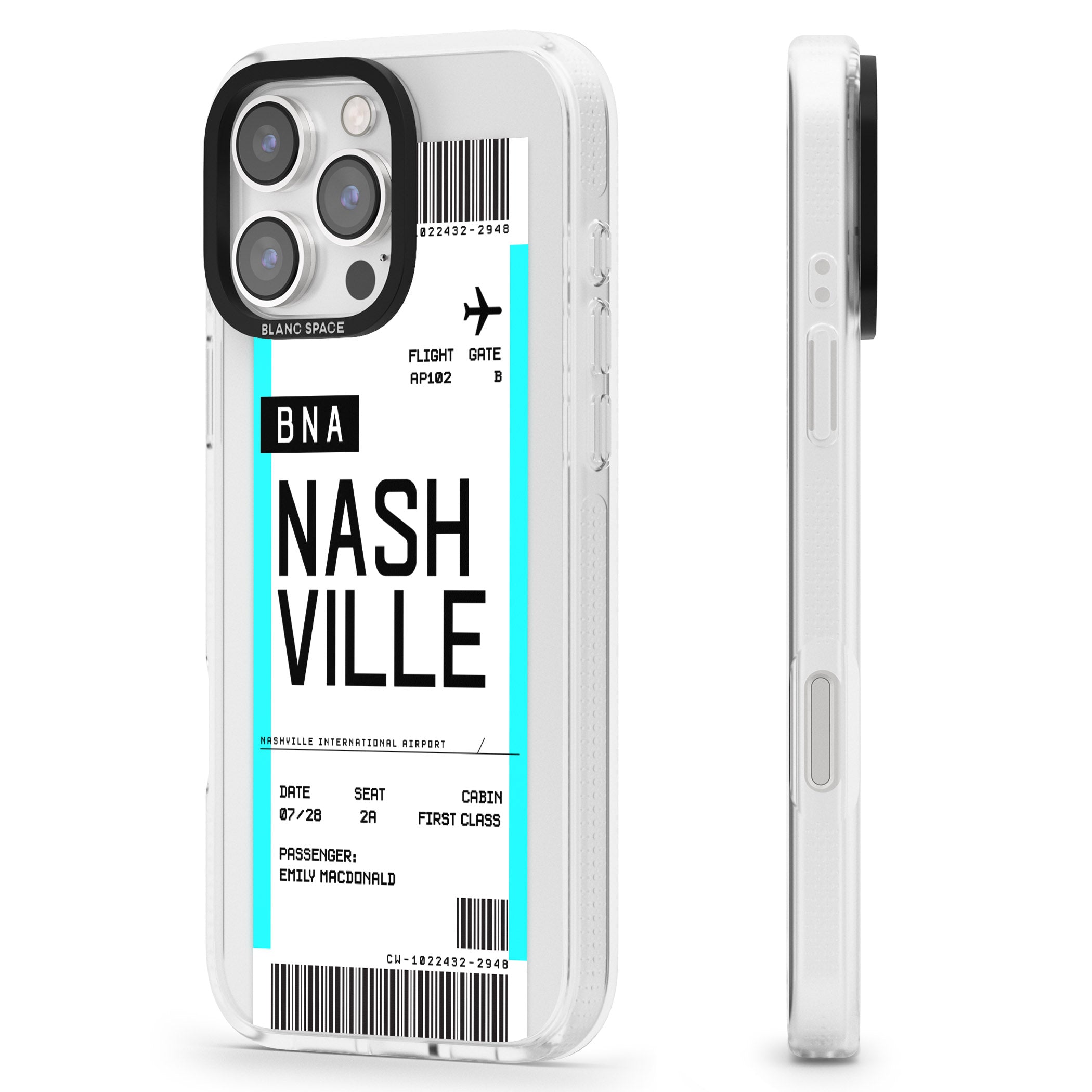 Personalised Nashville Boarding Pass iPhone 16 Pro Max / 16 Pro Clear Case Impact Air - Blanc Space