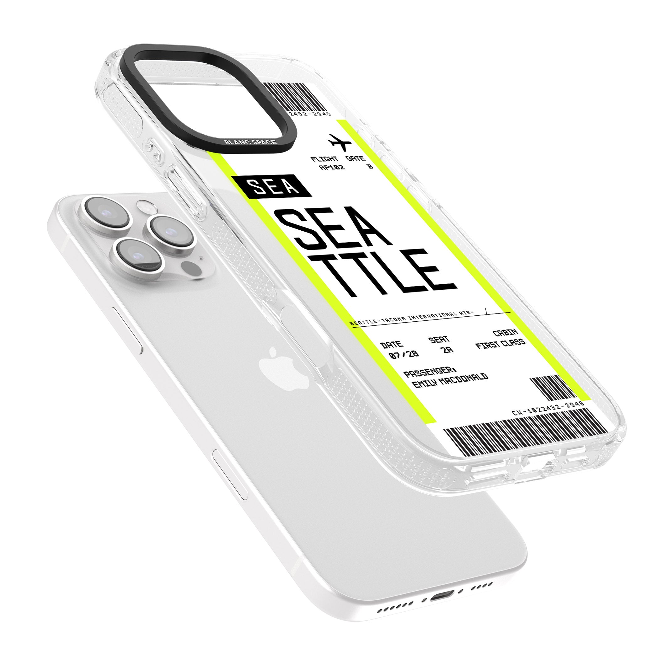 Personalised Seattle Boarding Pass iPhone 16 Pro Max / 16 Pro Clear Case Impact Air - Blanc Space