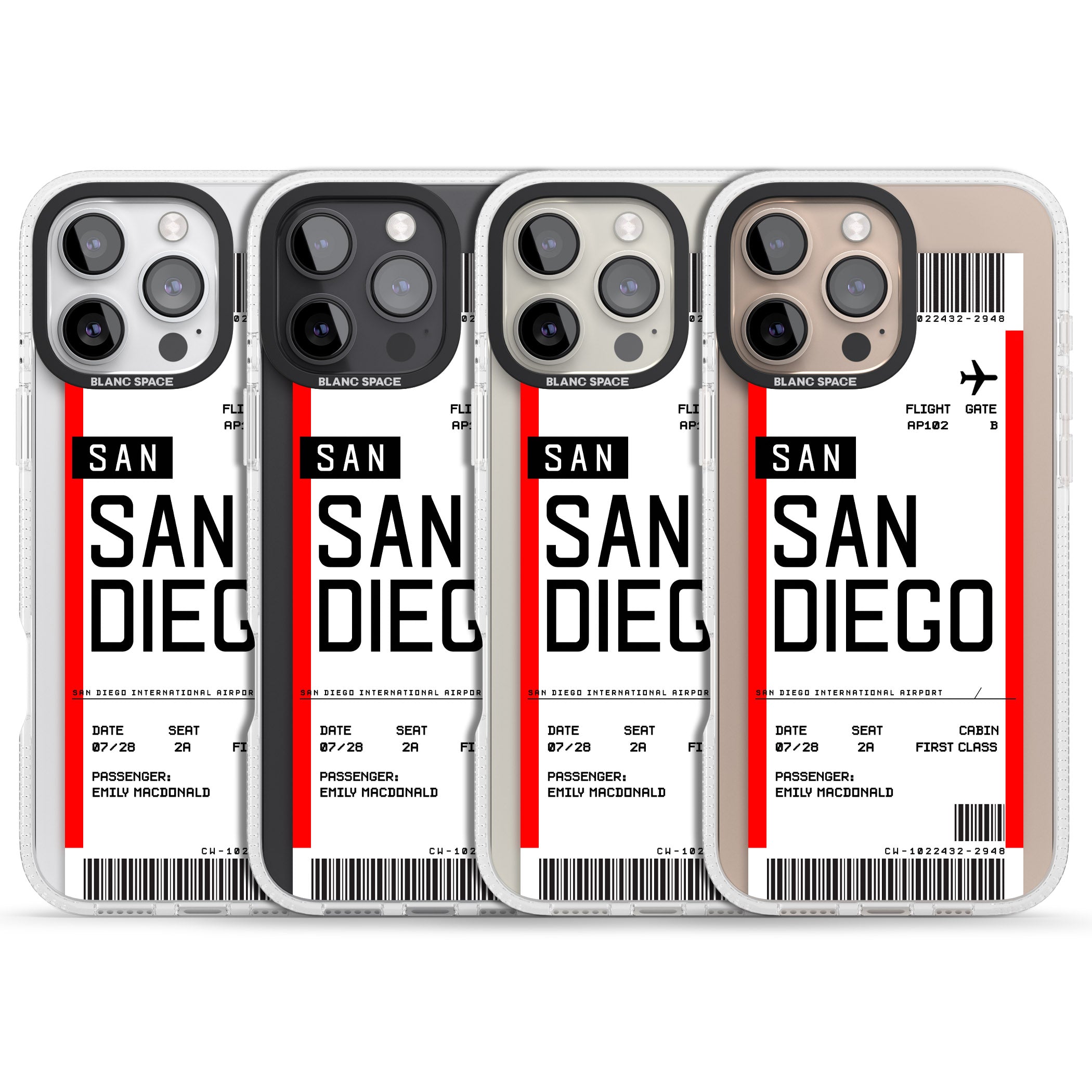 Personalised San Diego Boarding Pass iPhone 16 Pro Max / 16 Pro Clear Case Impact Air - Blanc Space
