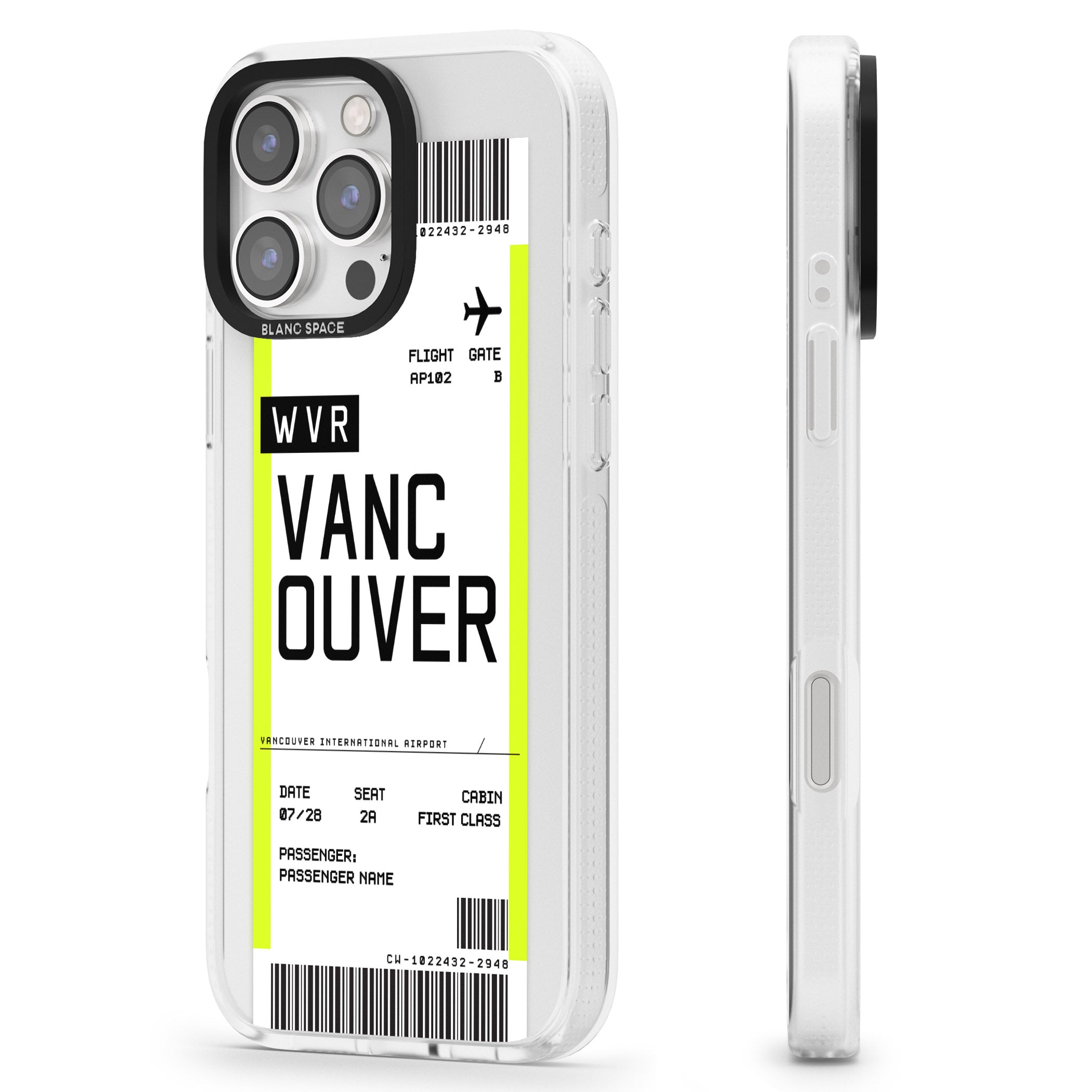 Personalised Vancouver Boarding Pass iPhone 16 Pro Max / 16 Pro Clear Case Impact Air - Blanc Space