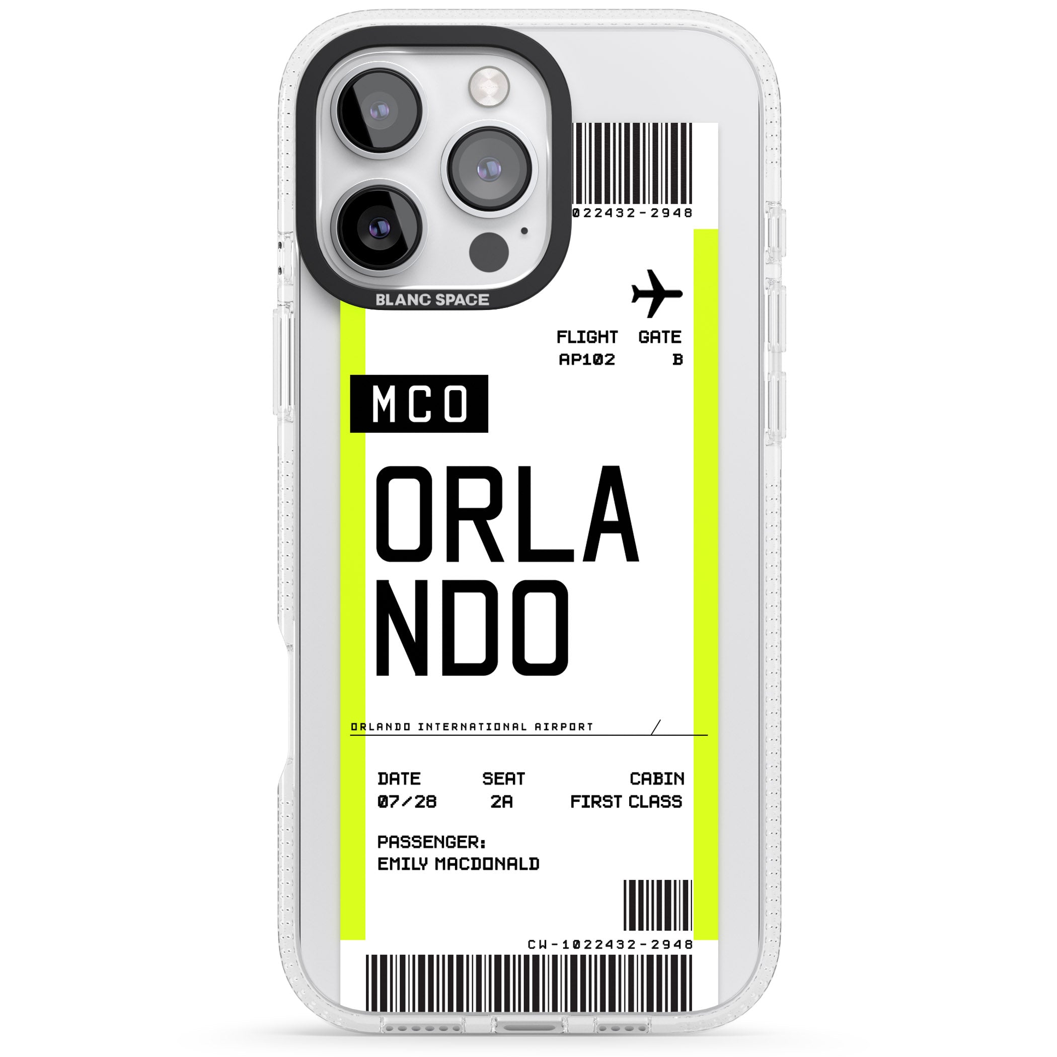 Personalised Orlando Boarding Pass iPhone 16 Pro Max / 16 Pro Clear Case Impact Air - Blanc Space