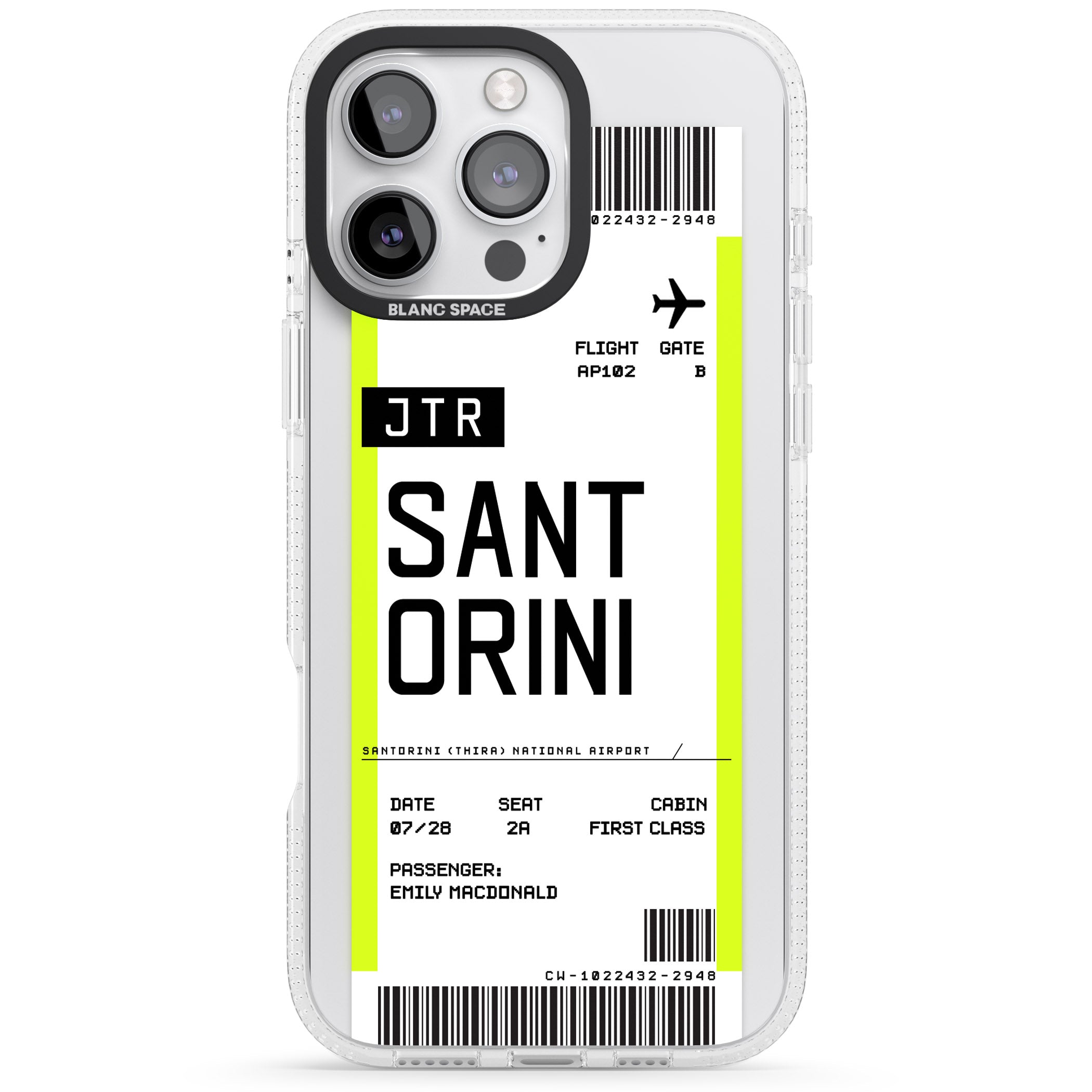 Personalised Santorini Boarding Pass iPhone 16 Pro Max / 16 Pro Clear Case Impact Air - Blanc Space