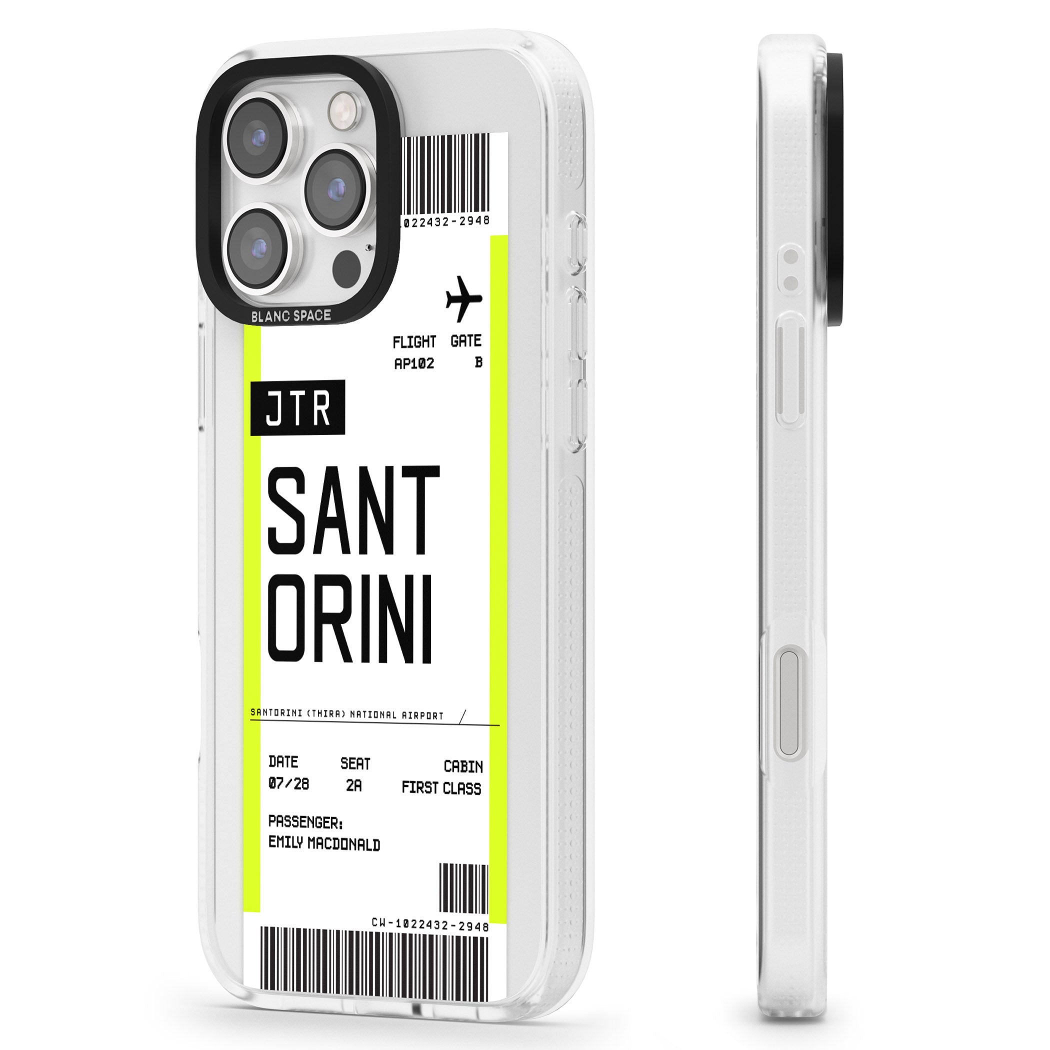 Personalised Santorini Boarding Pass iPhone 16 Pro Max / 16 Pro Clear Case Impact Air - Blanc Space