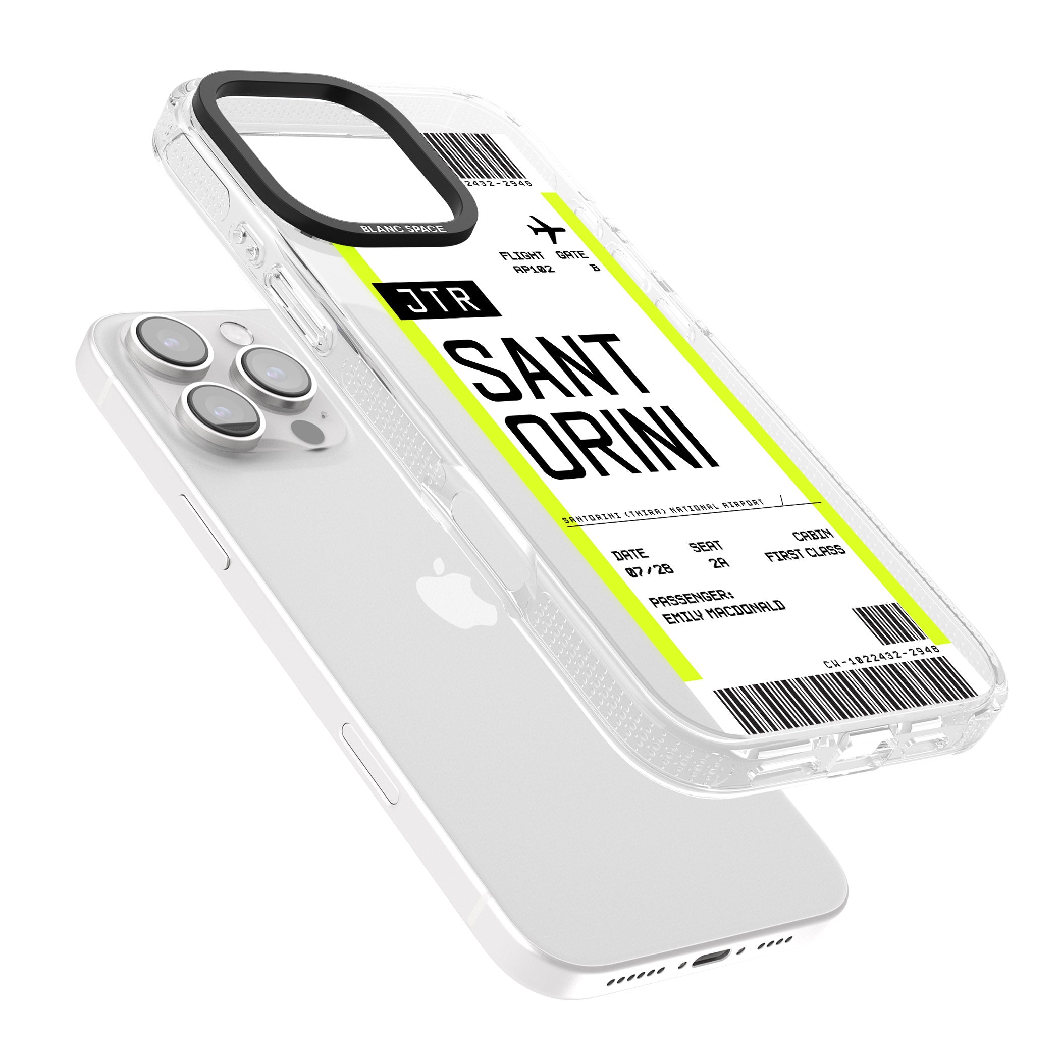 Personalised Santorini Boarding Pass iPhone 16 Pro Max / 16 Pro Clear Case Impact Air - Blanc Space