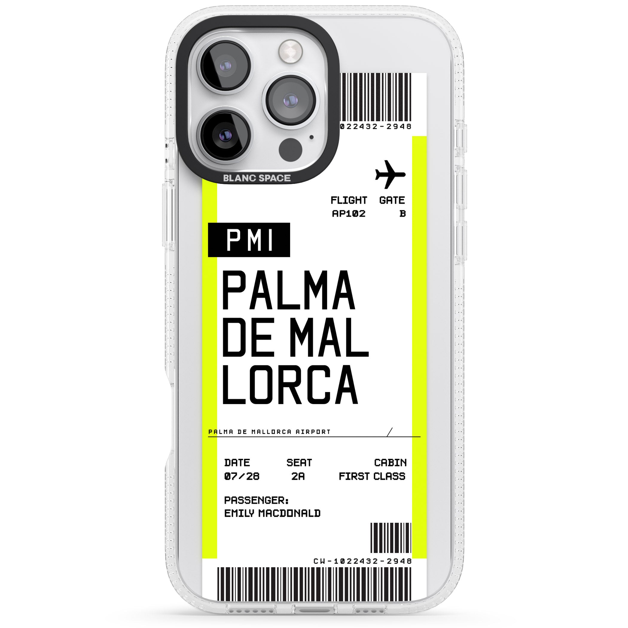 Personalised Palma De Mallorca Boarding Pass iPhone 16 Pro Max / 16 Pro Clear Case Impact Air - Blanc Space