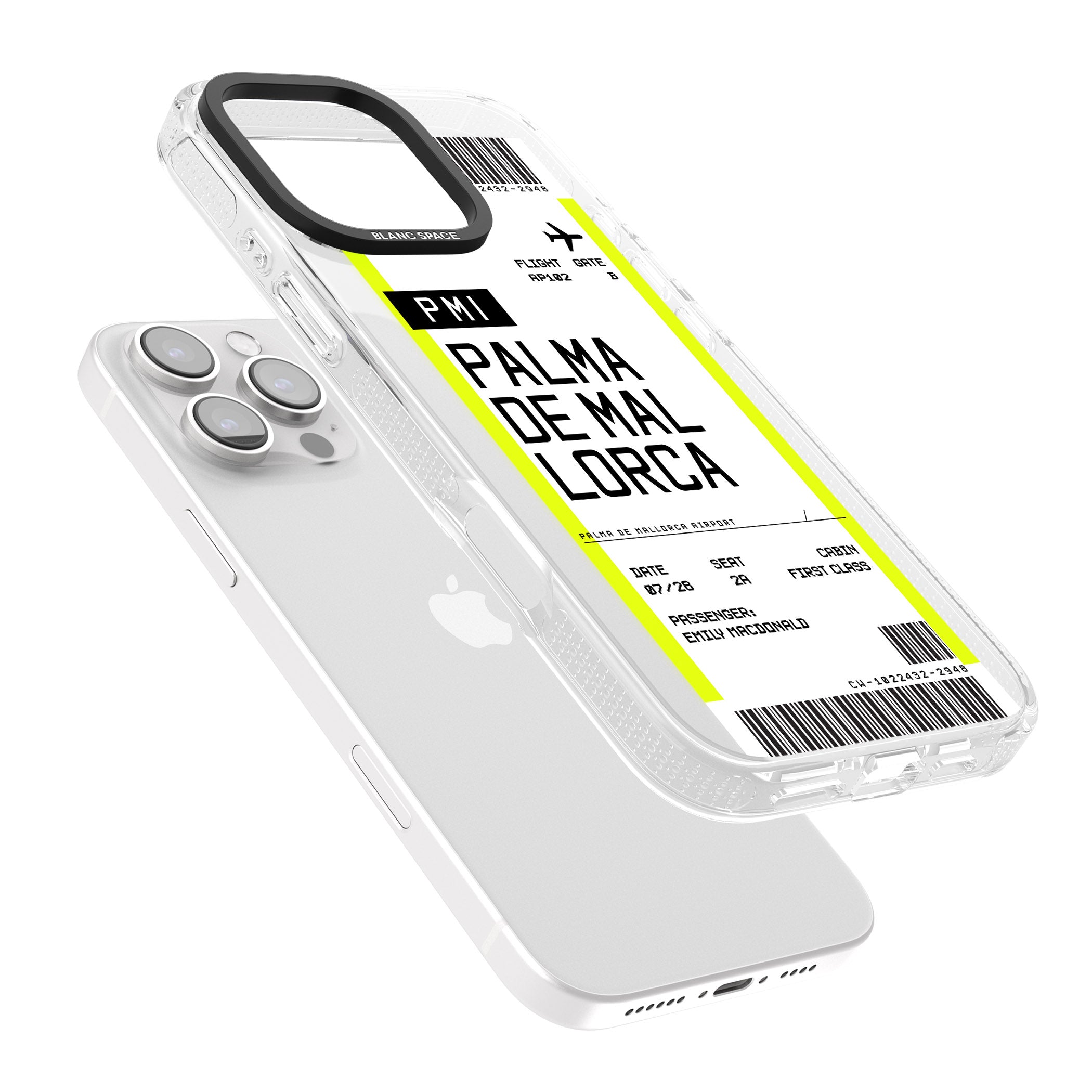 Personalised Palma De Mallorca Boarding Pass iPhone 16 Pro Max / 16 Pro Clear Case Impact Air - Blanc Space