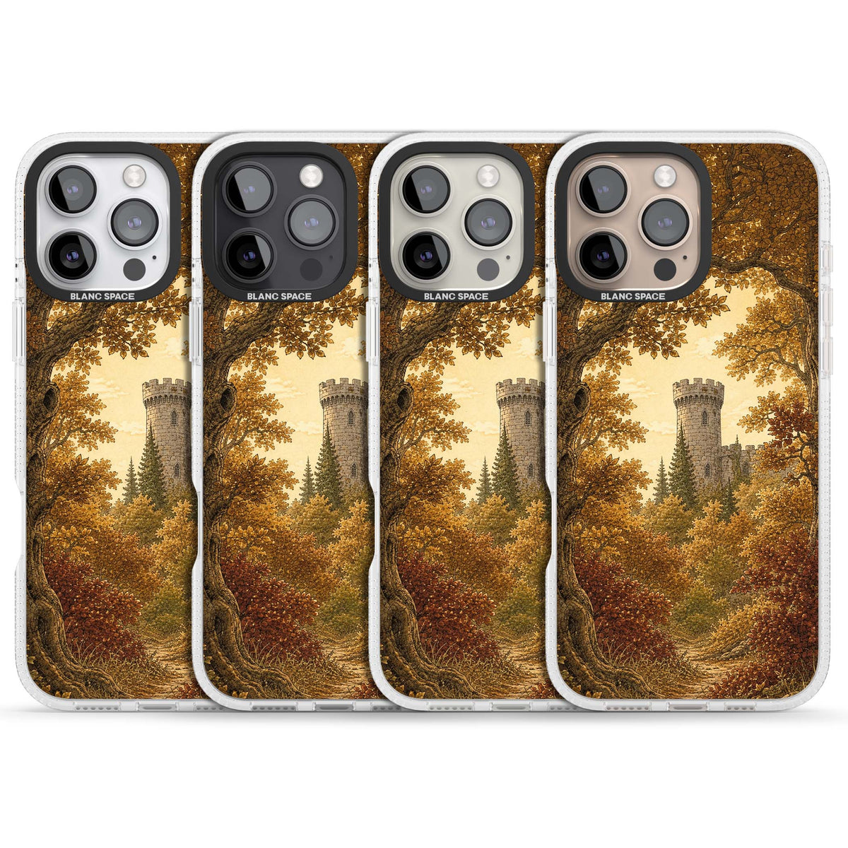 Autumn Keep cottagecore iPhone case featuring a medieval castle tower framed by golden autumn trees and woodland foliage | Clear Case Impact Air case for iPhone 16 Pro, iPhone 16 Pro Max