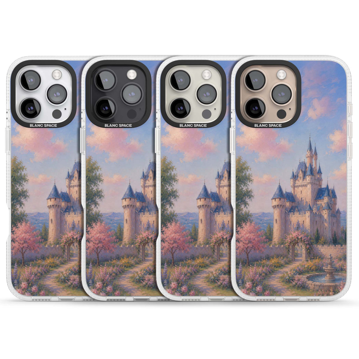 Enchanted Kingdom fairytale iPhone case featuring a romantic castle painting with cherry blossoms and pastel pink sky | Clear Case Impact Air case for iPhone 16 Pro, iPhone 16 Pro Max