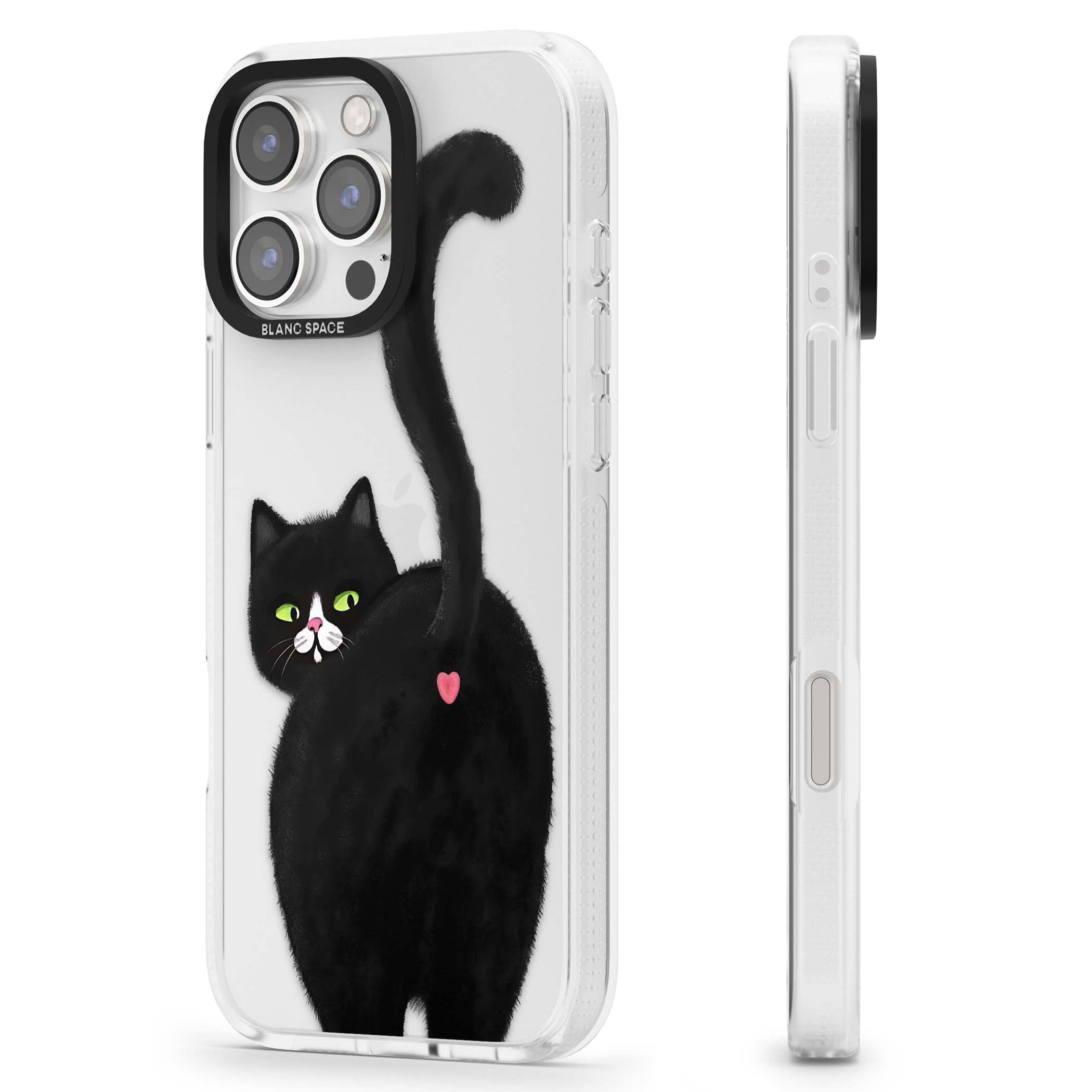The Cat's Kiss cute cat iPhone case featuring a hand-painted tuxedo kitty with green eyes and a pink heart on a clear | Clear Case Impact Air case for iPhone 16 Pro, iPhone 16 Pro Max