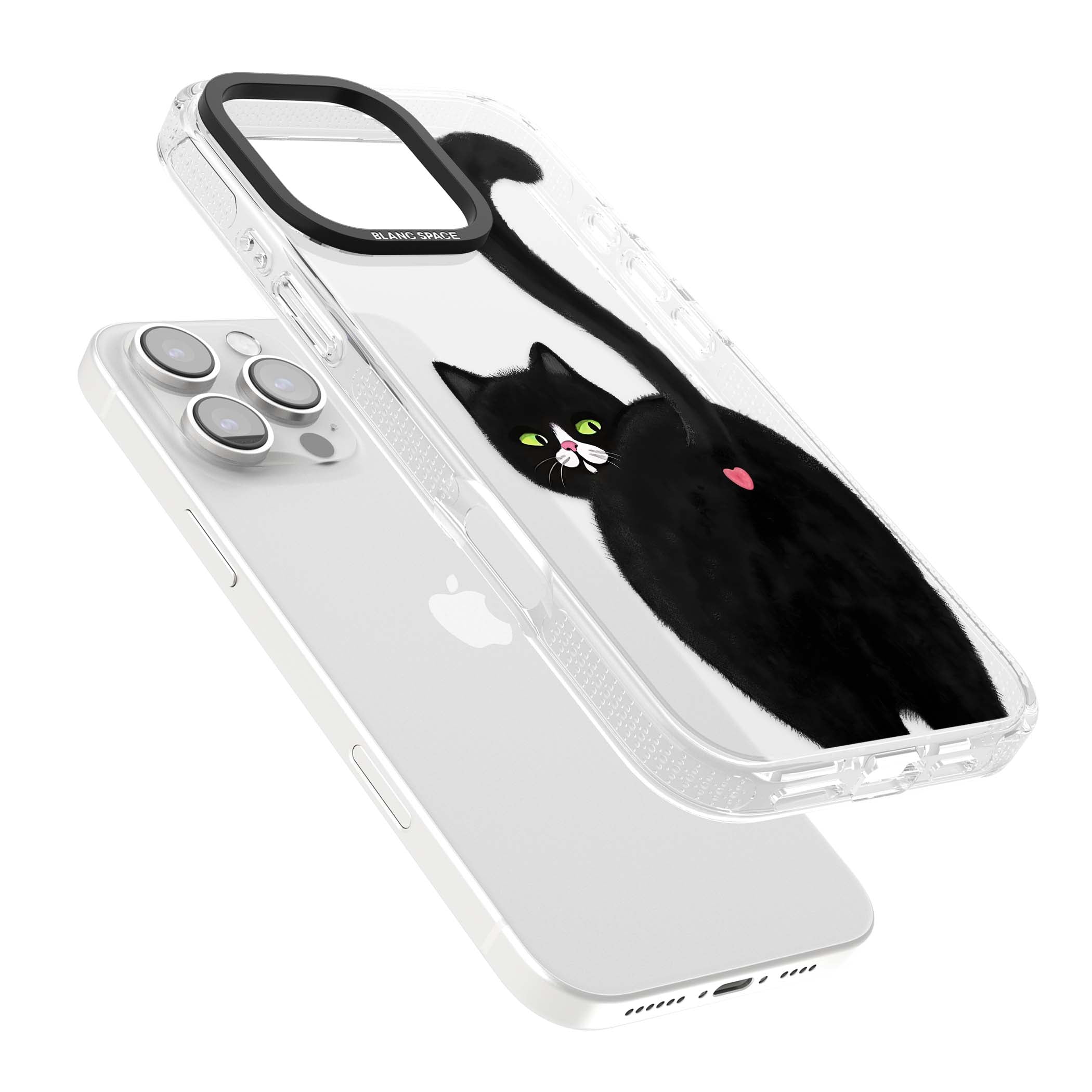 The Cat's Kiss cute cat iPhone case featuring a hand-painted tuxedo kitty with green eyes and a pink heart on a clear | Clear Case Impact Air case for iPhone 16 Pro, iPhone 16 Pro Max