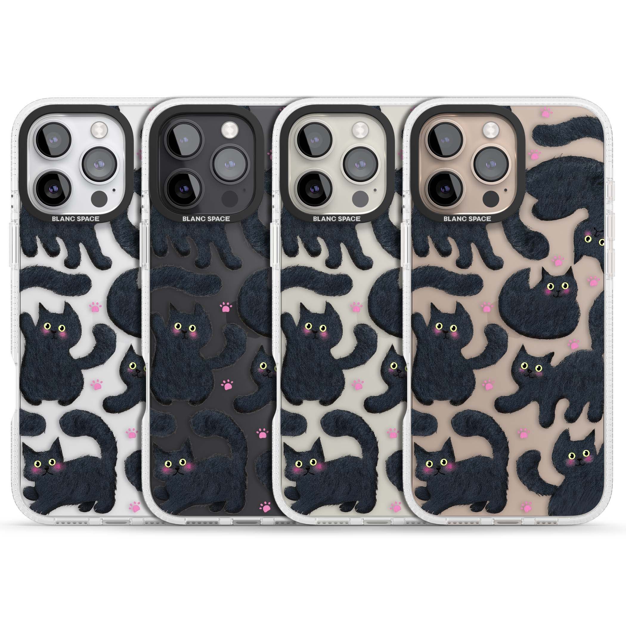 Midnight Cats cute iPhone case featuring black cat pattern with yellow eyes and pink paw prints | Clear Case Impact Air case for iPhone 16 Pro, iPhone 16 Pro Max