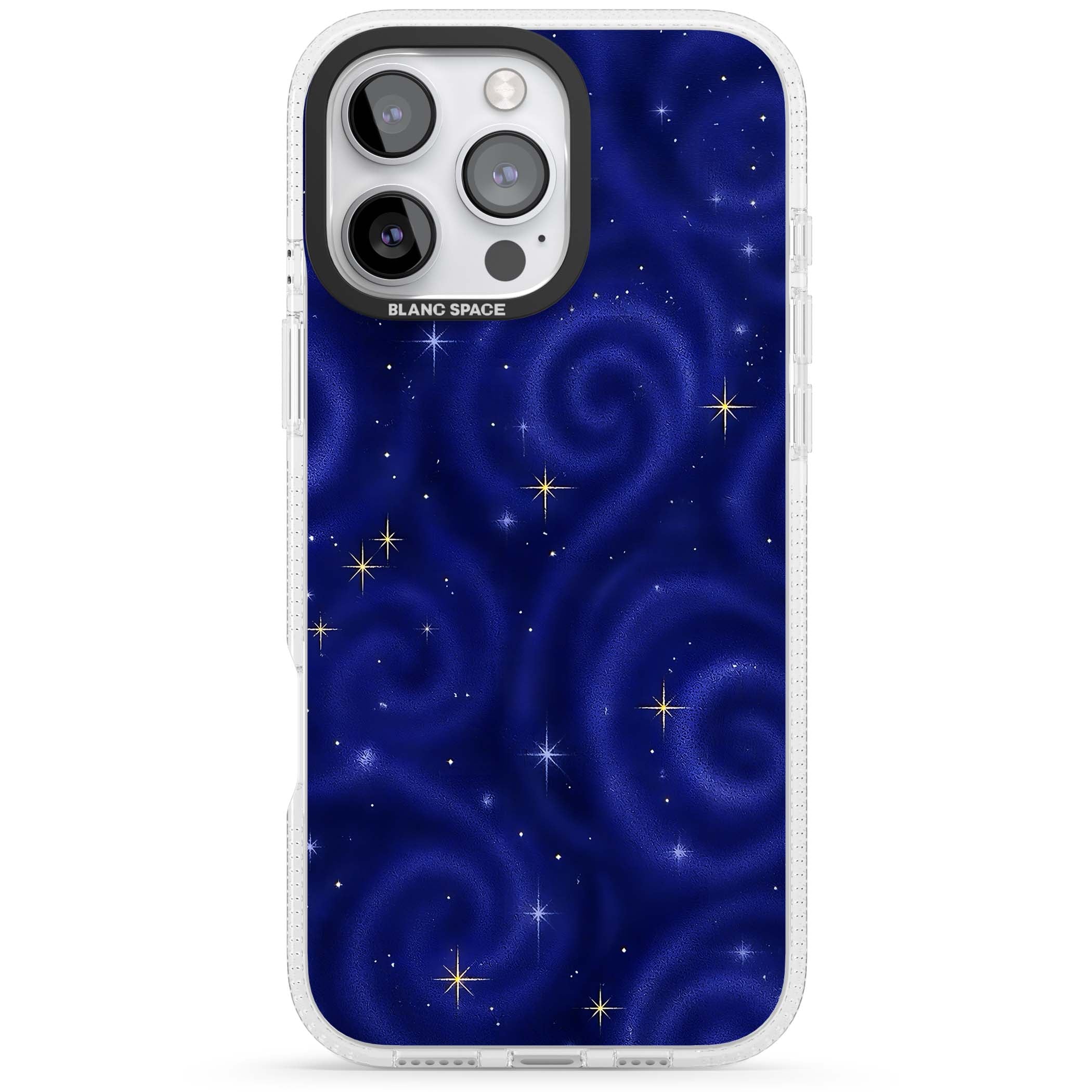 Indigo Cosmos celestial iPhone case featuring swirling navy night sky and sparkling golden stars | Clear Case Impact Air case for iPhone 16 Pro, iPhone 16 Pro Max