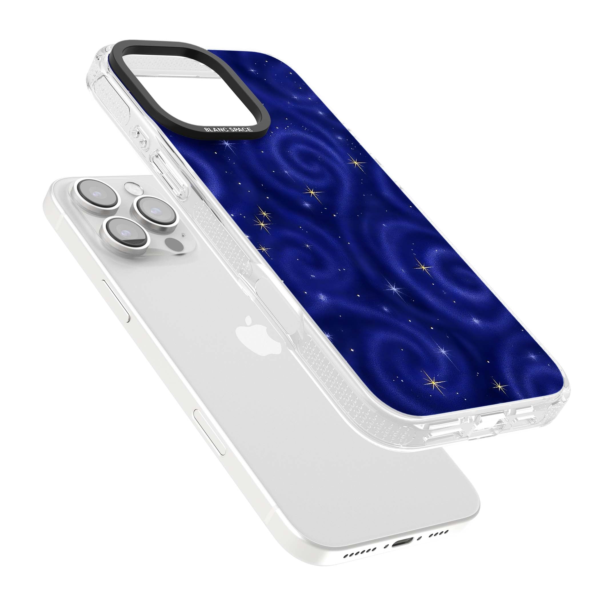 Indigo Cosmos celestial iPhone case featuring swirling navy night sky and sparkling golden stars | Clear Case Impact Air case for iPhone 16 Pro, iPhone 16 Pro Max