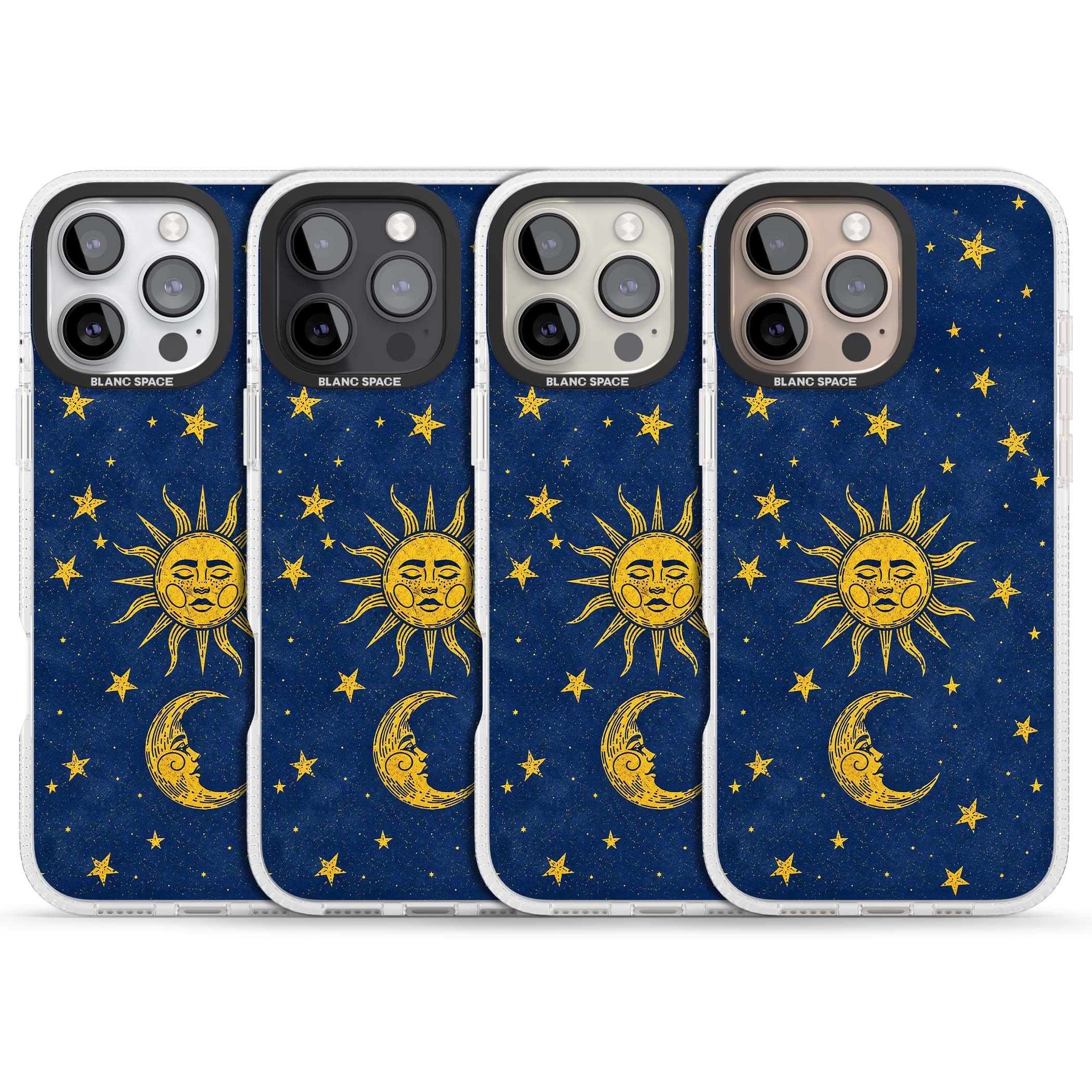 Sun & Moon Reverie celestial iPhone case featuring a vintage golden sun, crescent moon and scattered stars on midnight blue | Clear Case Impact Air case for iPhone 16 Pro, iPhone 16 Pro Max