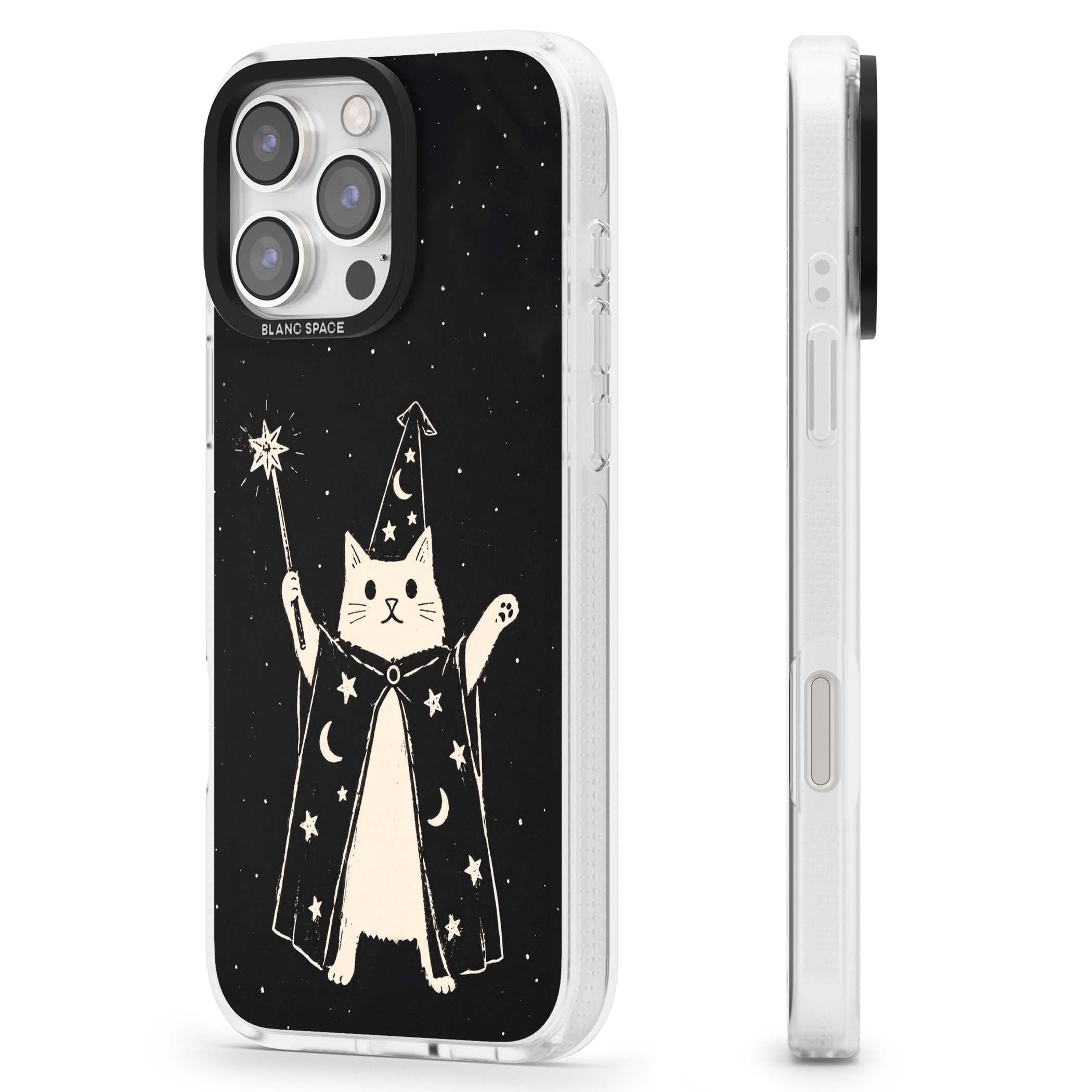 Whisker Wizard celestial cat iPhone case featuring a wizard cat with magic wand, starry night sky and crescent moons | Clear Case Impact Air case for iPhone 16 Pro, iPhone 16 Pro Max