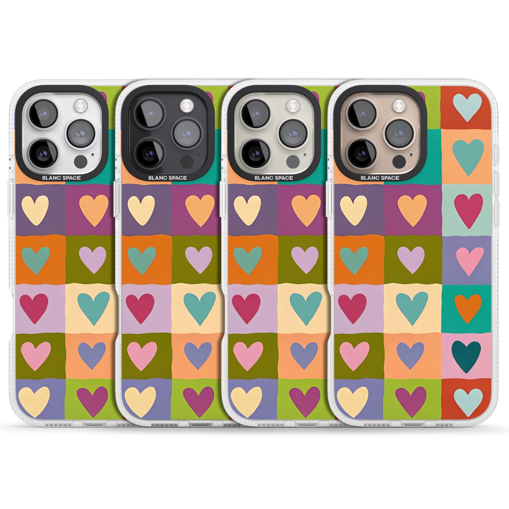 Multicolour Checked Hearts iPhone 16 Pro Max / 16 Pro Clear Case Impact Air - Blanc Space