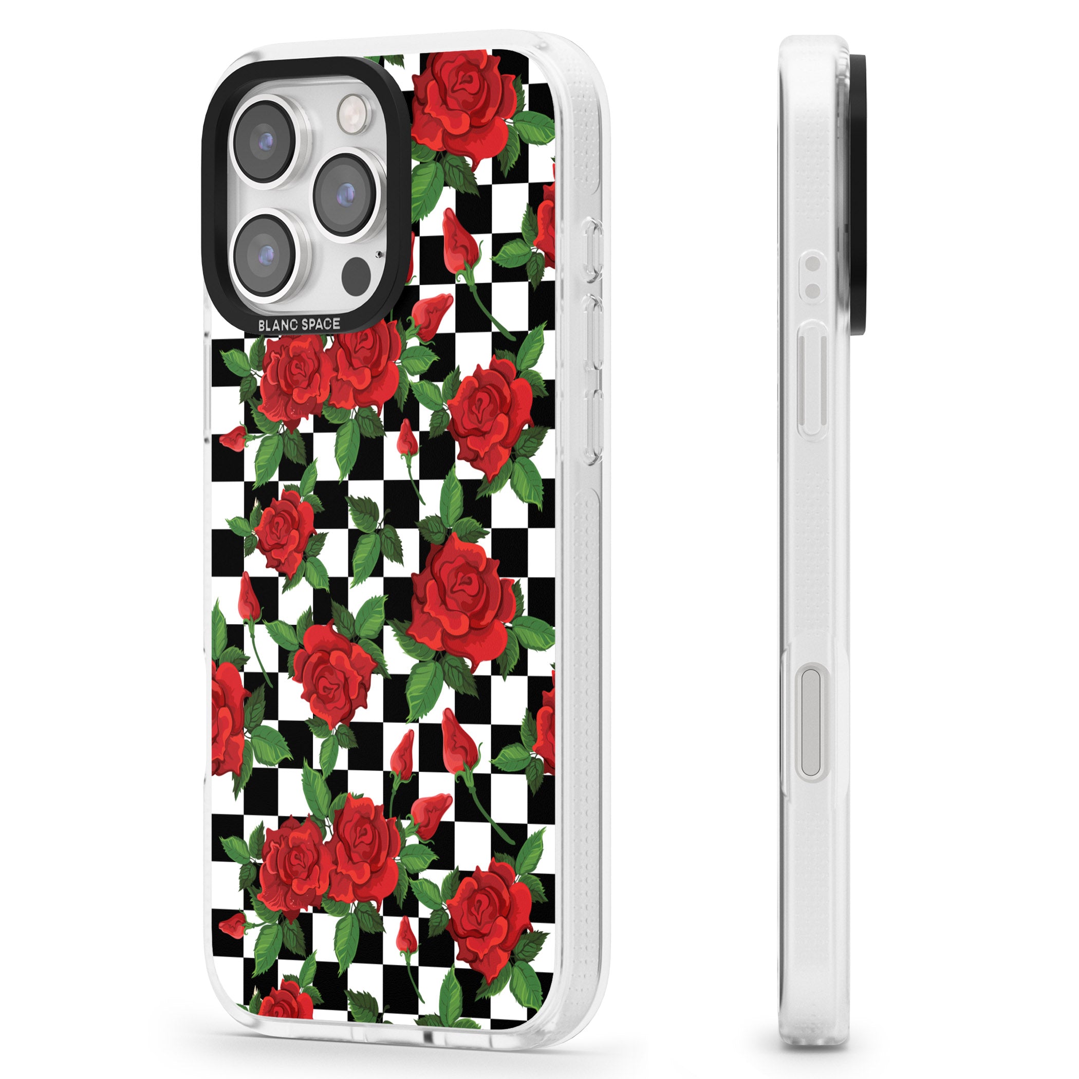 Checkered Pattern & Red Roses iPhone 16 Pro Max / 16 Pro Clear Case Impact Air - Blanc Space