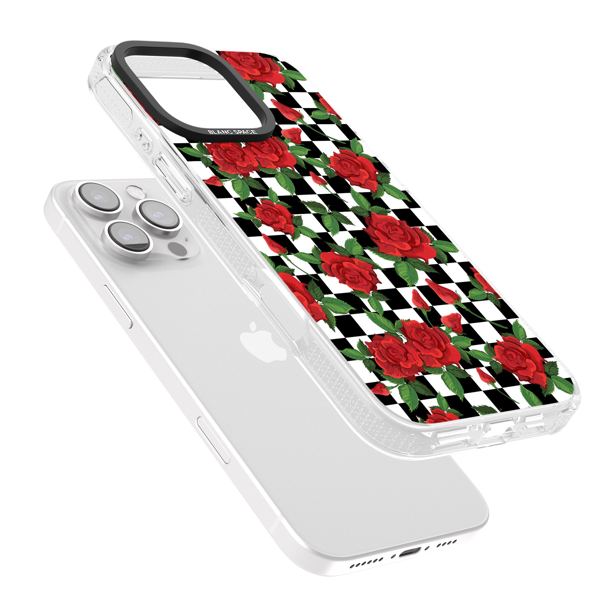 Checkered Pattern & Red Roses iPhone 16 Pro Max / 16 Pro Clear Case Impact Air - Blanc Space