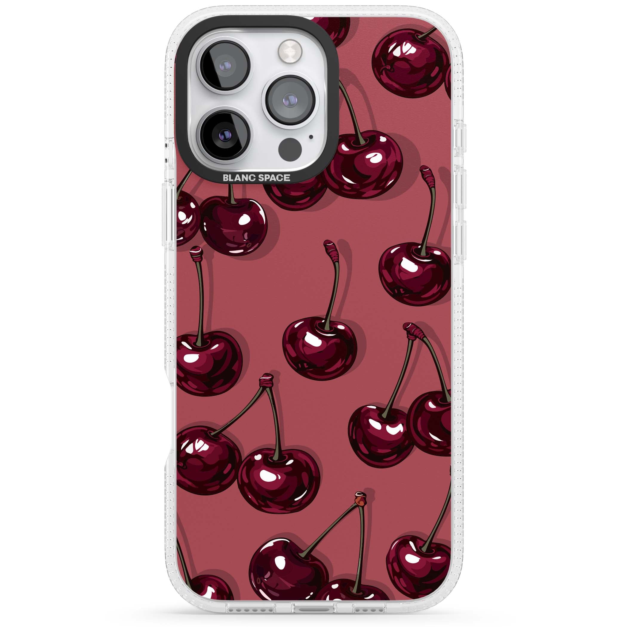 Cherry Rebel coquette iPhone case featuring glossy burgundy cherries on a dusty rose background | Clear Case Impact Air case for iPhone 16 Pro, iPhone 16 Pro Max