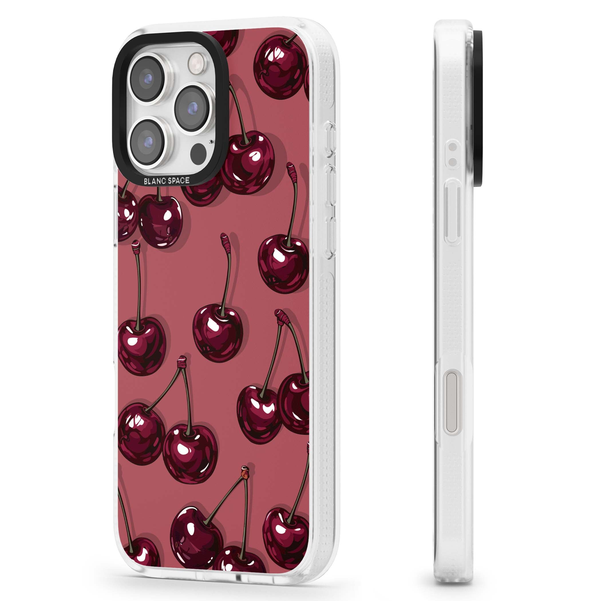 Cherry Rebel coquette iPhone case featuring glossy burgundy cherries on a dusty rose background | Clear Case Impact Air case for iPhone 16 Pro, iPhone 16 Pro Max