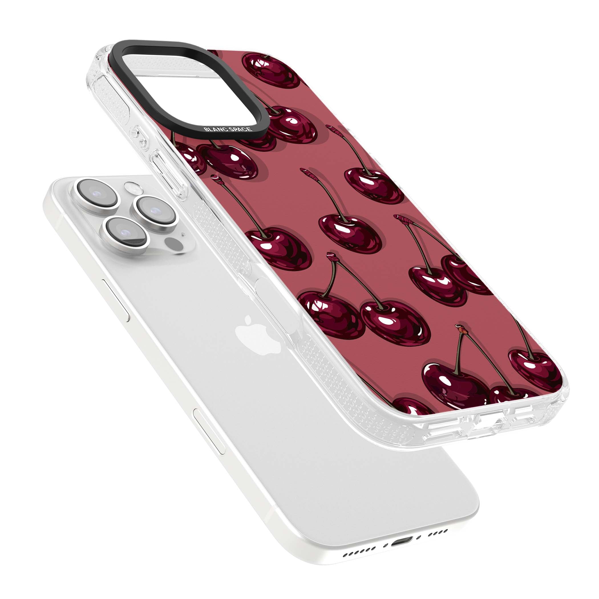 Cherry Rebel coquette iPhone case featuring glossy burgundy cherries on a dusty rose background | Clear Case Impact Air case for iPhone 16 Pro, iPhone 16 Pro Max