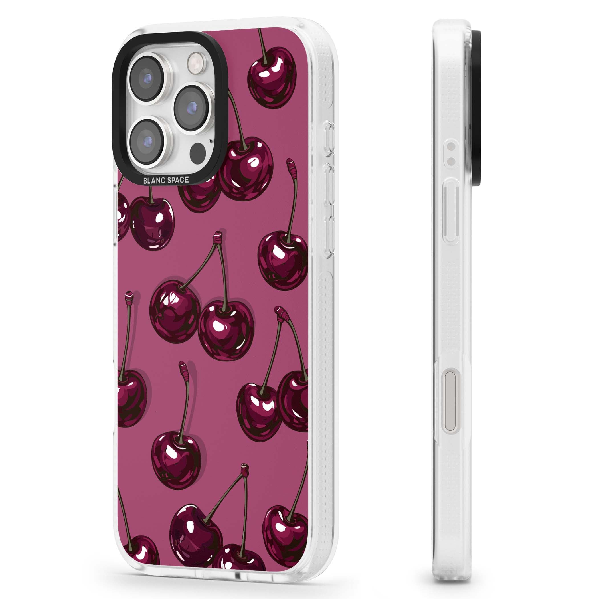 Cherry Soda coquette iPhone case featuring glossy burgundy cherries on a dusty pink background | Clear Case Impact Air case for iPhone 16 Pro, iPhone 16 Pro Max