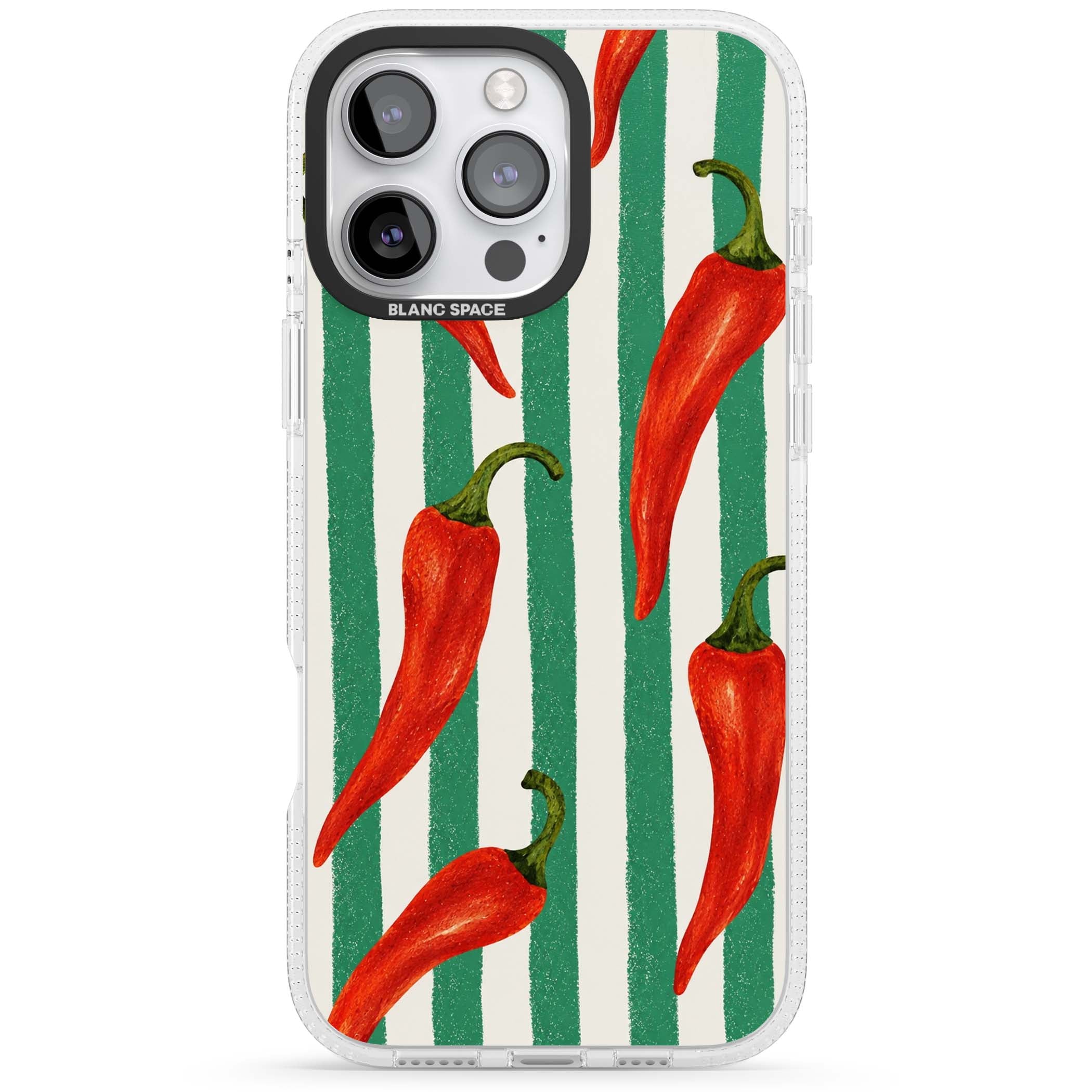 Striped Chillis coastal iPhone case featuring hand-painted red chili peppers on green and cream stripes | Clear Case Impact Air case for iPhone 16 Pro, iPhone 16 Pro Max