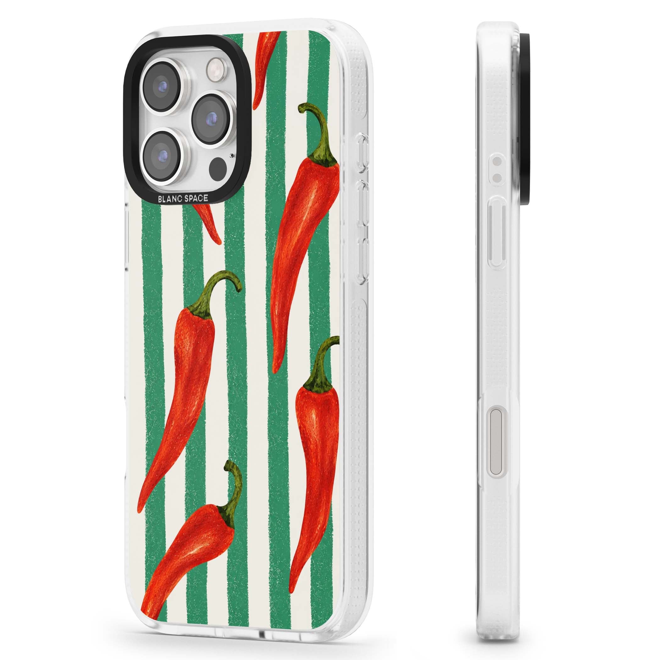 Striped Chillis coastal iPhone case featuring hand-painted red chili peppers on green and cream stripes | Clear Case Impact Air case for iPhone 16 Pro, iPhone 16 Pro Max