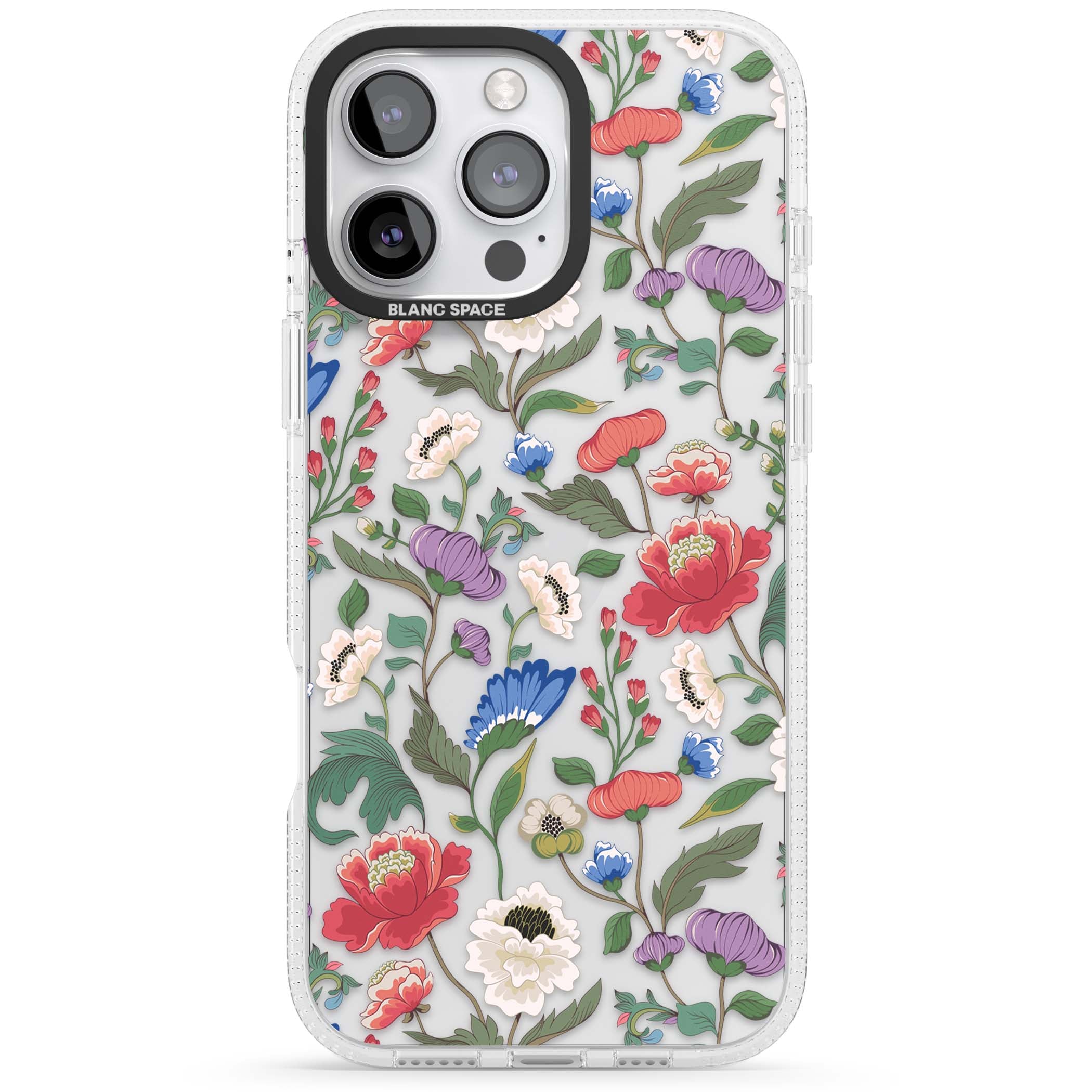 Chinoiserie Bloom vintage floral iPhone case featuring hand-painted peonies, poppies and trailing wildflowers on clear... | Clear Case Impact Air case for iPhone 16 Pro, iPhone 16 Pro Max