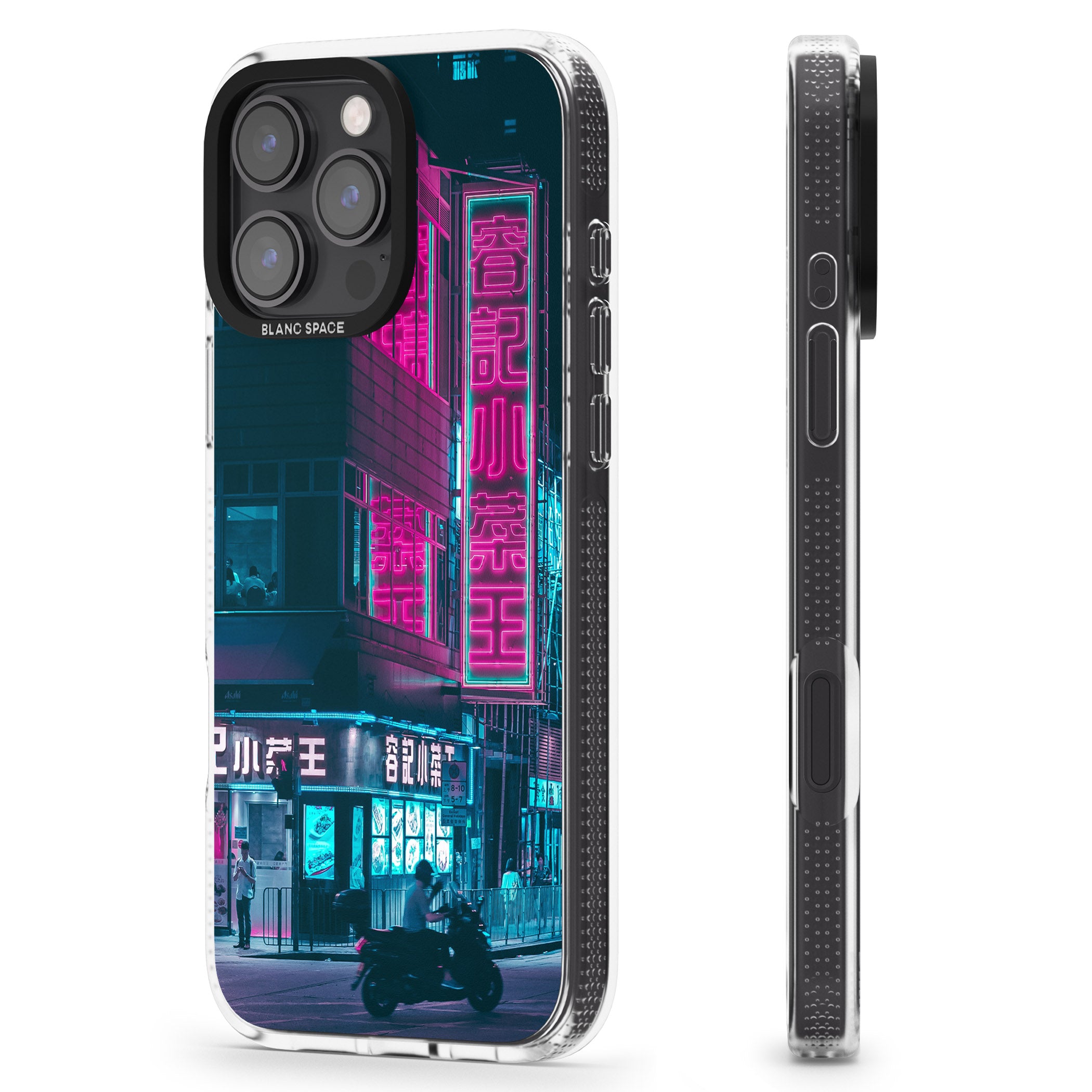 Motorcylist & Signs - Neon Cities Photographs iPhone 16 Pro Max / 16 Pro Clear Case Impact Air - Blanc Space