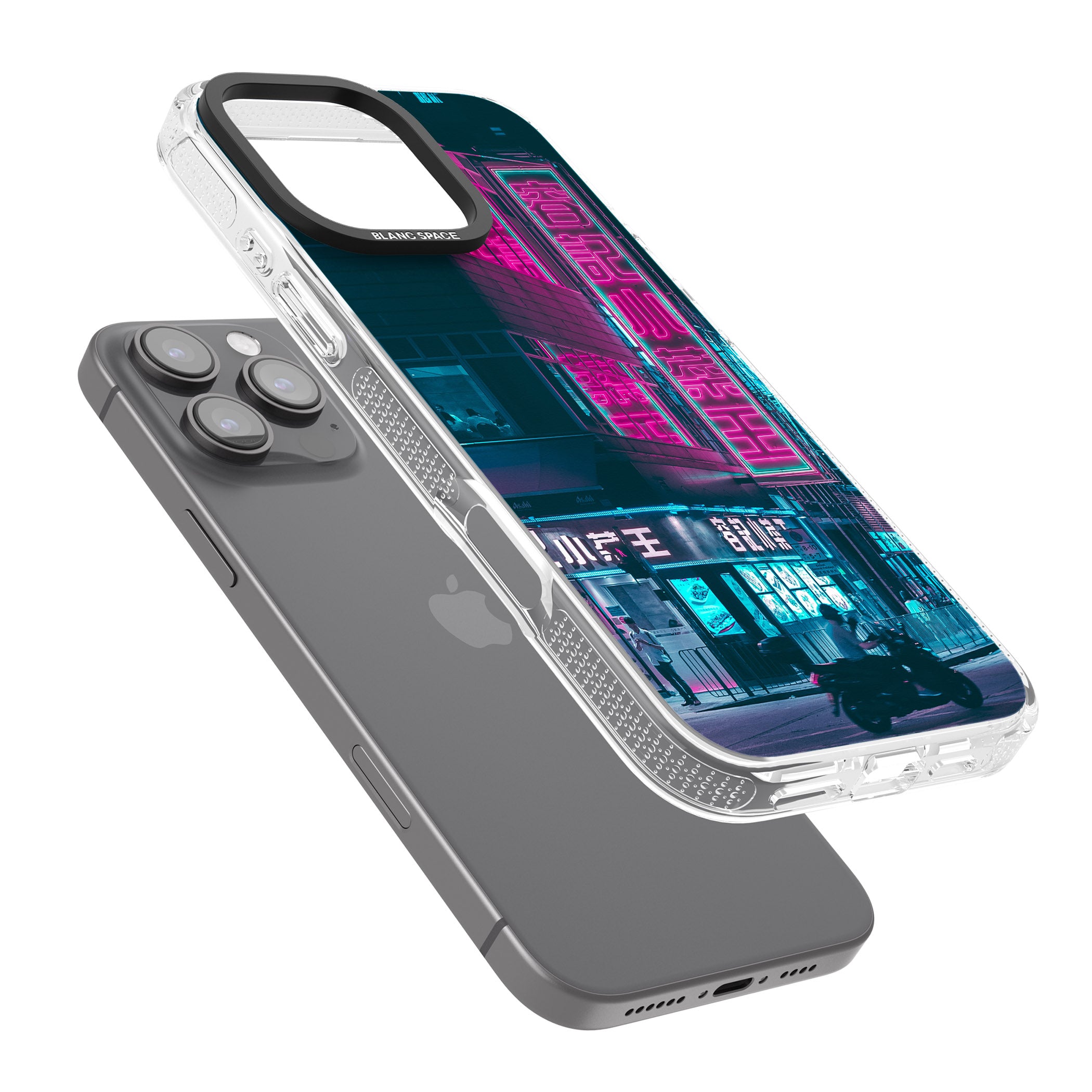 Motorcylist & Signs - Neon Cities Photographs iPhone 16 Pro Max / 16 Pro Clear Case Impact Air - Blanc Space