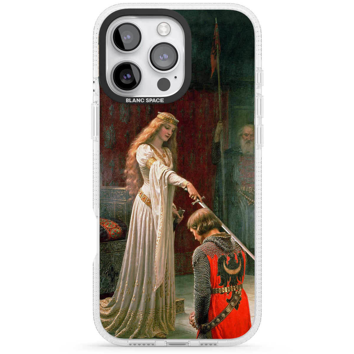 The Accolade renaissance art iPhone case featuring Edmund Blair Leighton's painting of a queen knighting a kneeling knight | Clear Case Impact Air case for iPhone 16 Pro, iPhone 16 Pro Max