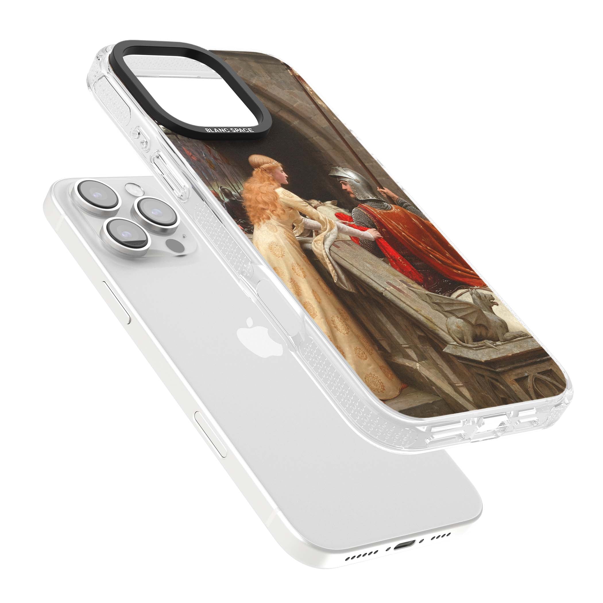 God Speed fine art iPhone case featuring Edmund Blair Leighton's medieval knight and lady beneath a stone archway | Clear Case Impact Air case for iPhone 16 Pro, iPhone 16 Pro Max