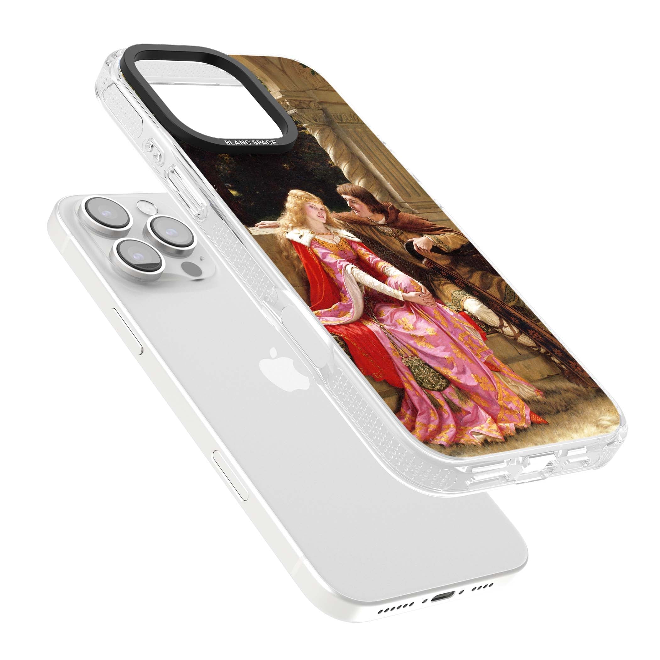 The End of the Song classic art iPhone case featuring a medieval lady in pink gown and her knight in a stone archway | Clear Case Impact Air case for iPhone 16 Pro, iPhone 16 Pro Max