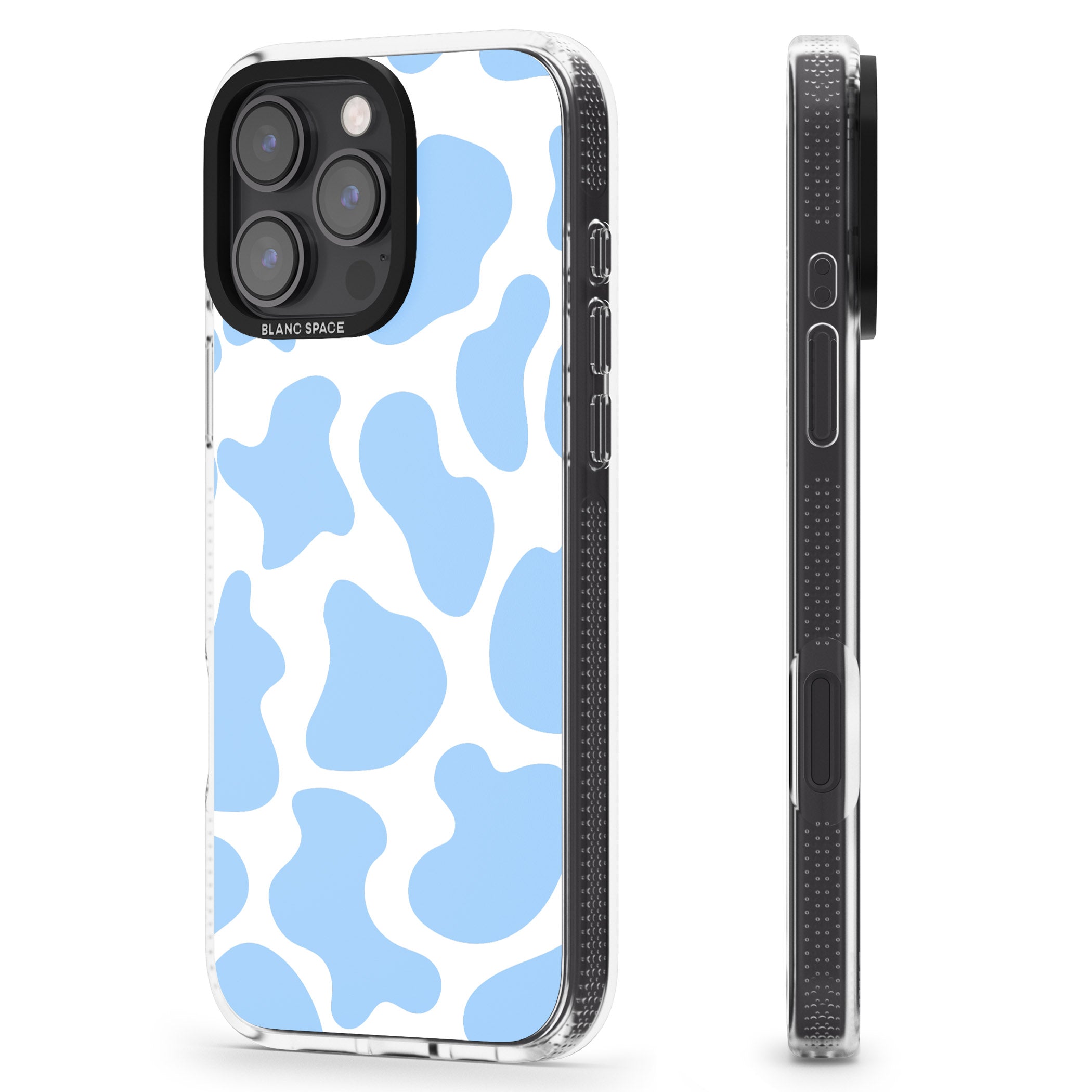 Blue and White Cow Print iPhone 16 Pro Max / 16 Pro Clear Case Impact Air - Blanc Space