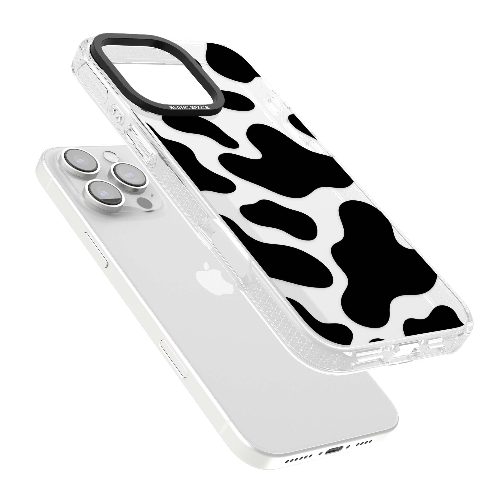 Clear Cow Print cow print iPhone case featuring black and white cow pattern splotches on a clear background | Clear Case Impact Air case for iPhone 16 Pro, iPhone 16 Pro Max