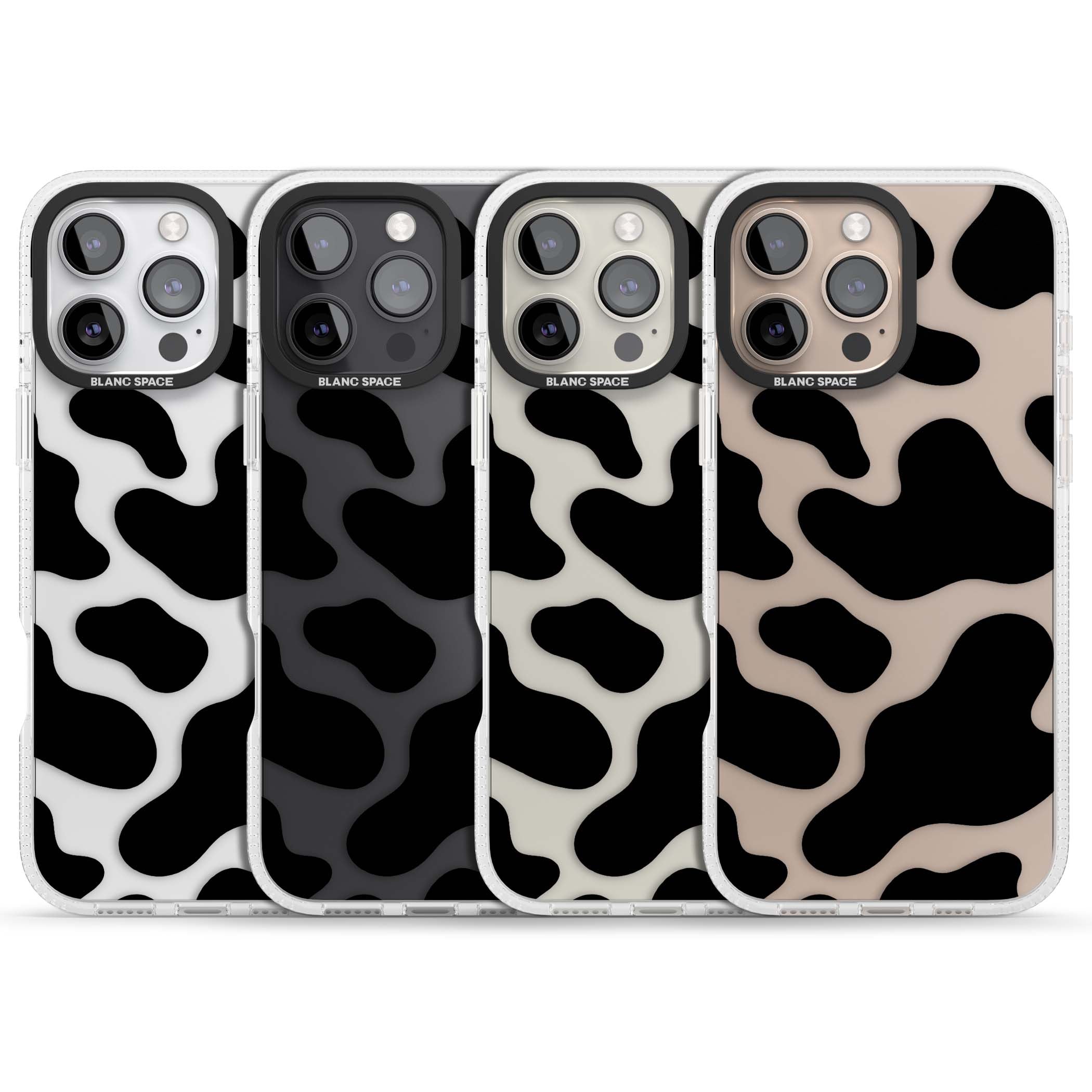 Clear Cow Print cow print iPhone case featuring black and white cow pattern splotches on a clear background | Clear Case Impact Air case for iPhone 16 Pro, iPhone 16 Pro Max